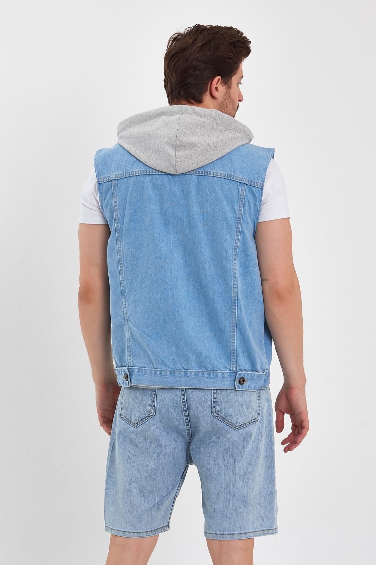 Rahat Kalıp Denim Kapüşonlu Kot Yelek Buz Mavi 5