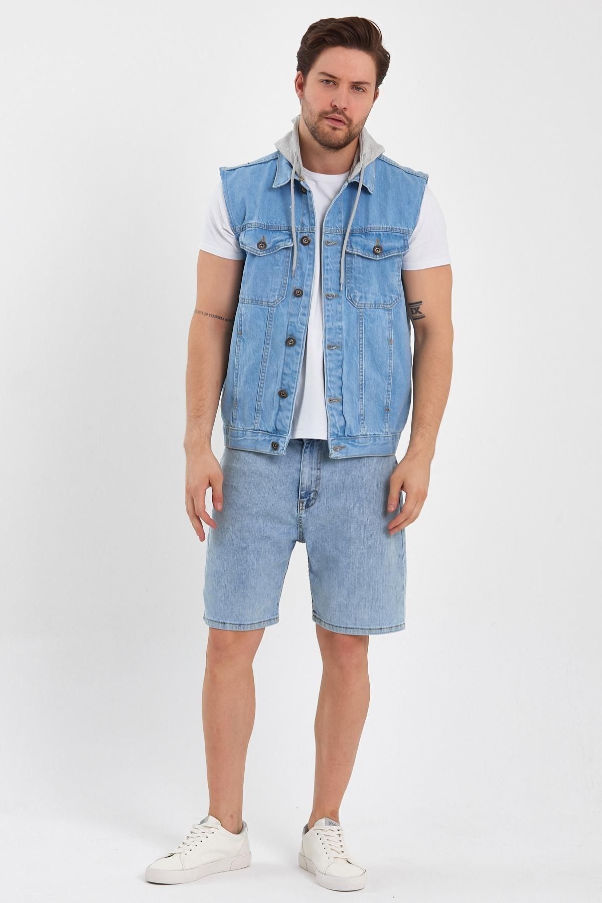 Rahat Kalıp Denim Kapüşonlu Kot Yelek Buz Mavi 4