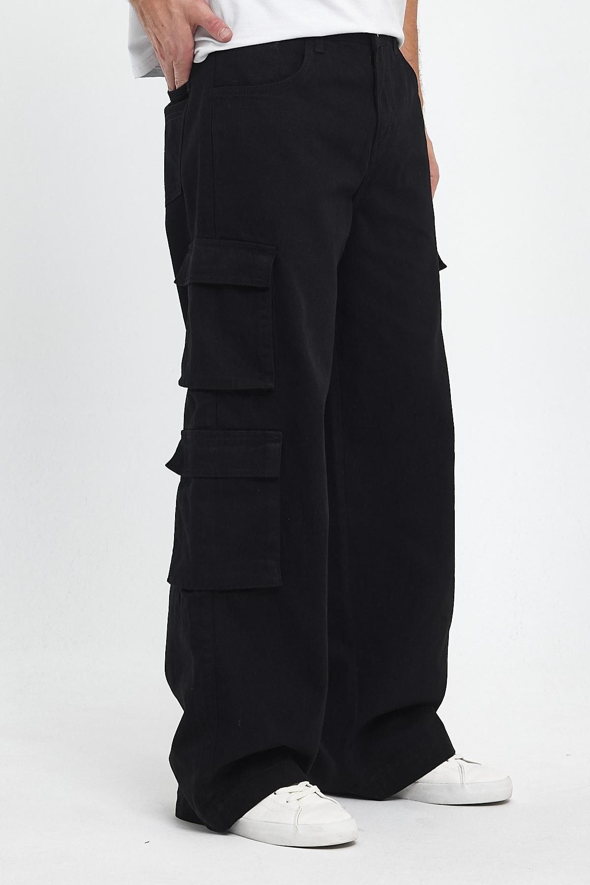 Erkek Oversize Geniş Paça Rahat Kesim Streetwear Pamuklu Sokak Modası Kargo Cepli Pantolon Siyah 3