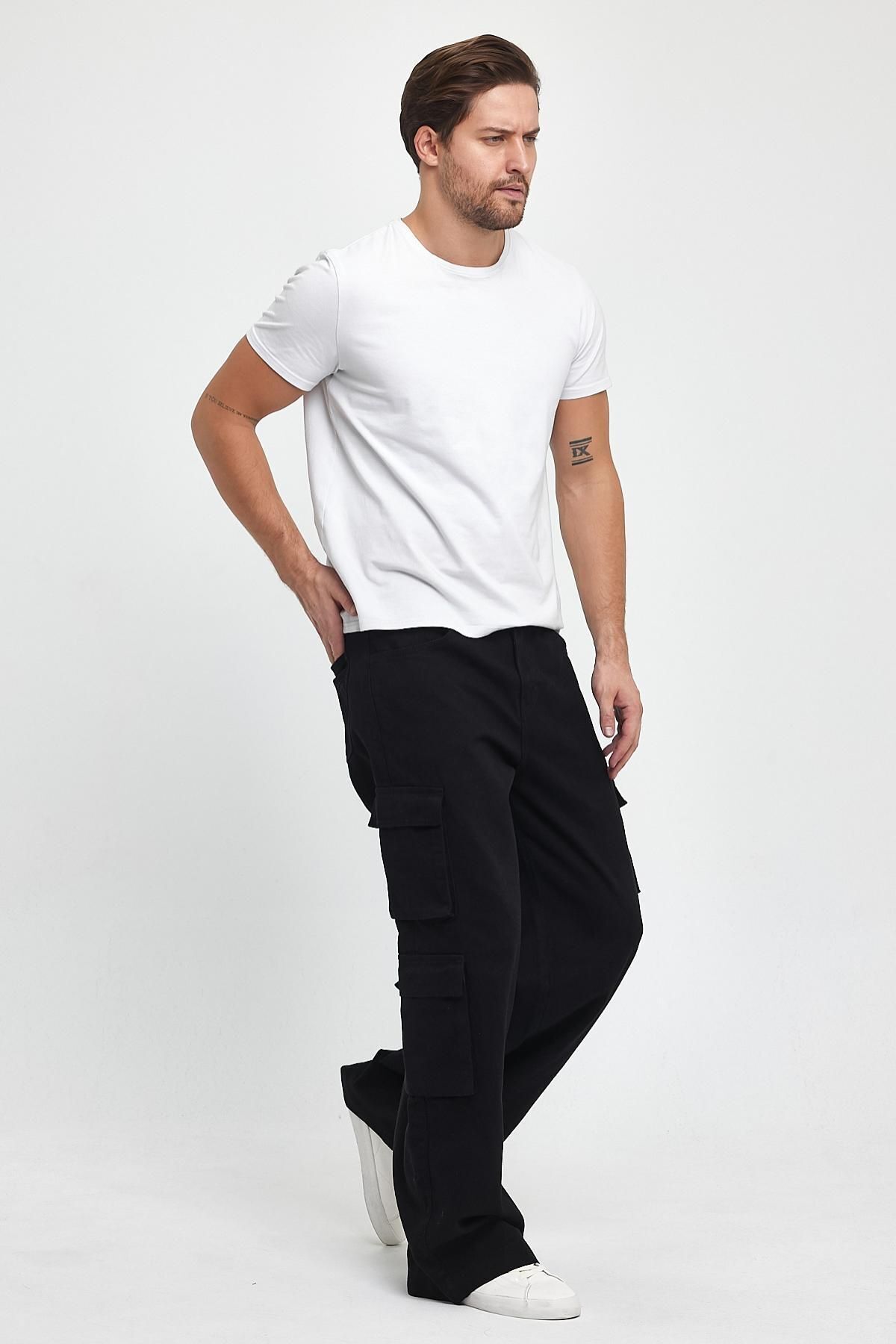 Erkek Oversize Geniş Paça Rahat Kesim Streetwear Pamuklu Sokak Modası Kargo Cepli Pantolon Siyah 4