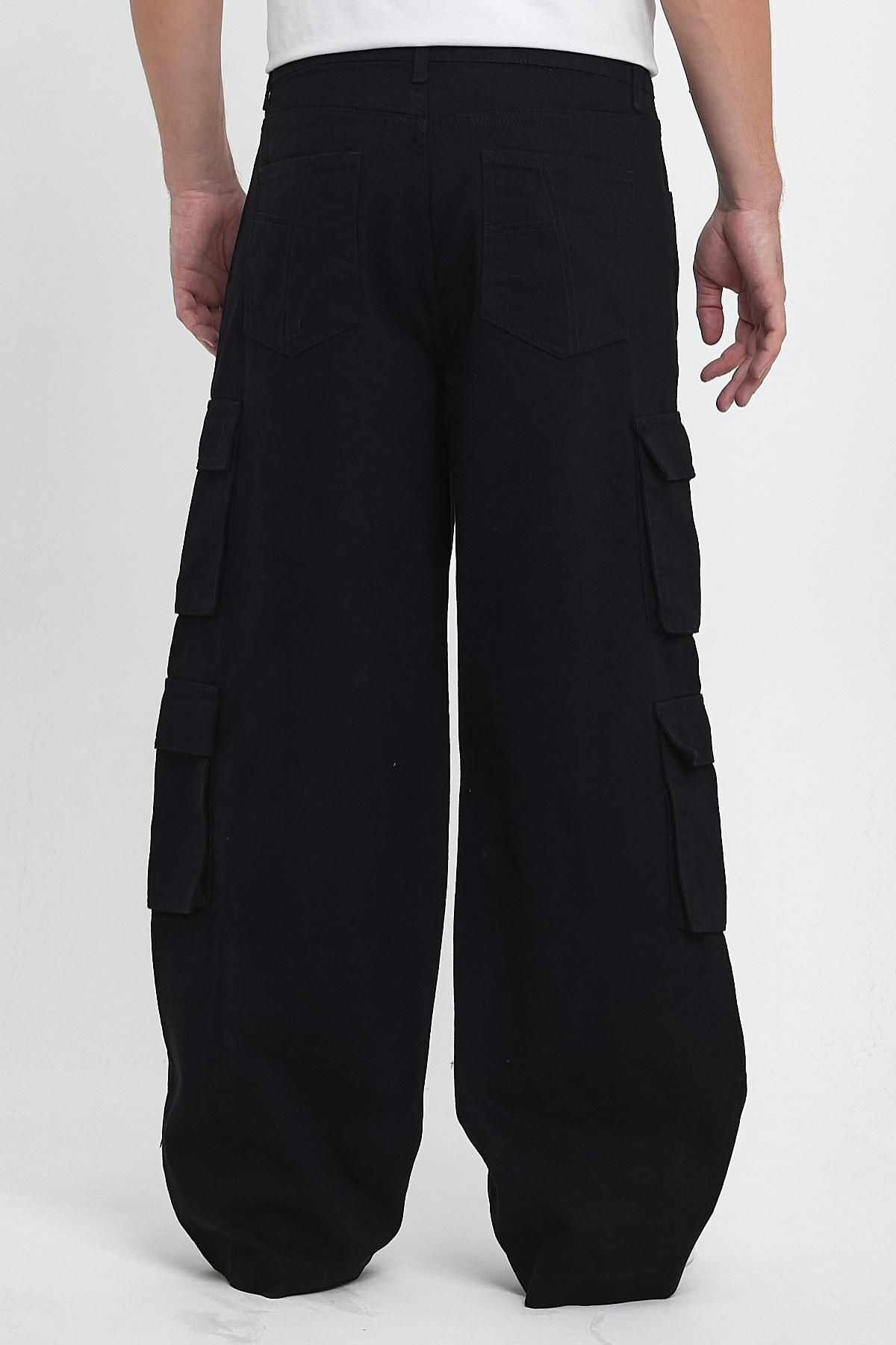 Erkek Oversize Geniş Paça Rahat Kesim Streetwear Pamuklu Sokak Modası Kargo Cepli Pantolon Siyah 5