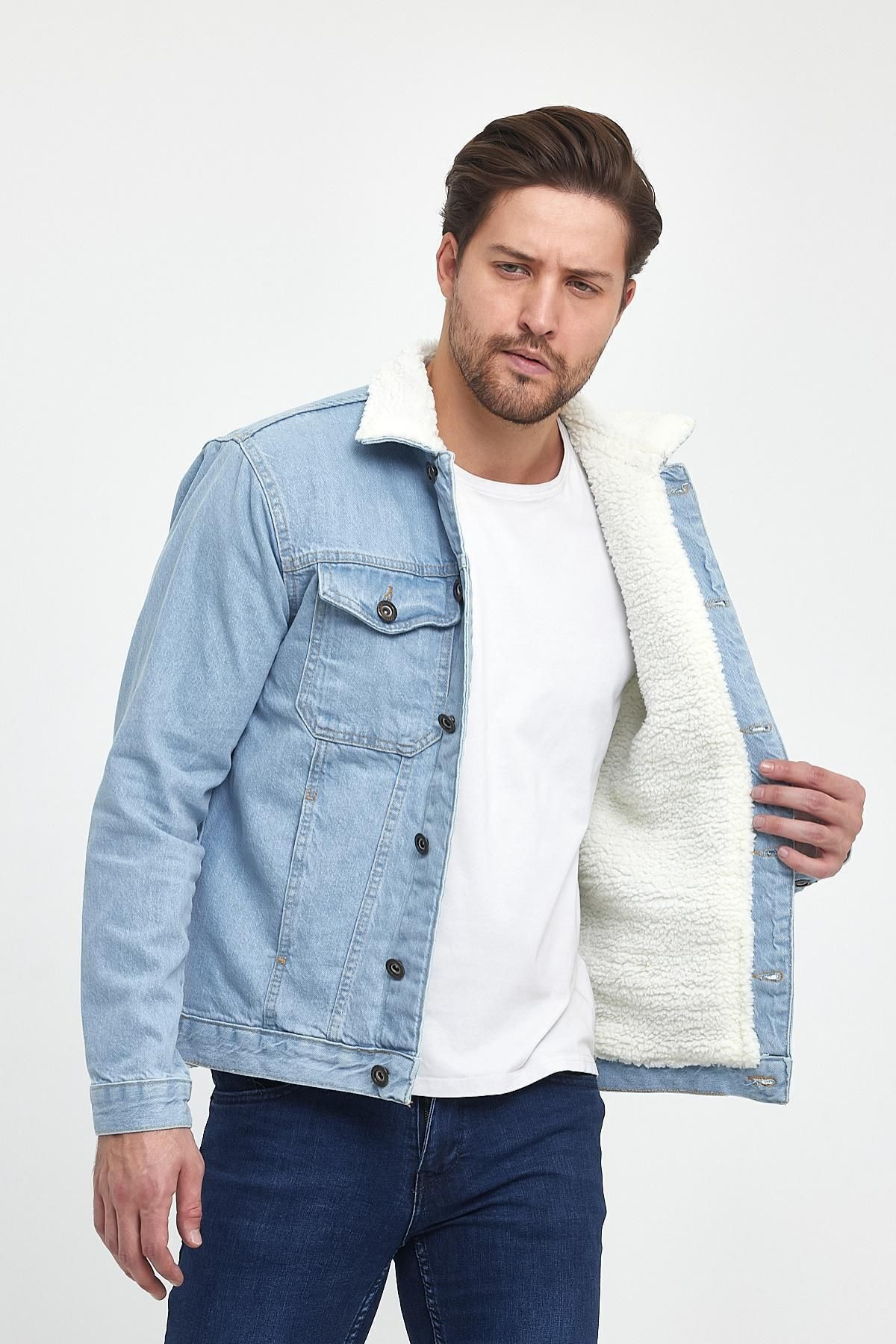 Erkek Kışlık Moda Denim Kış Sezonu Kot Ceket Buz Mavi 3