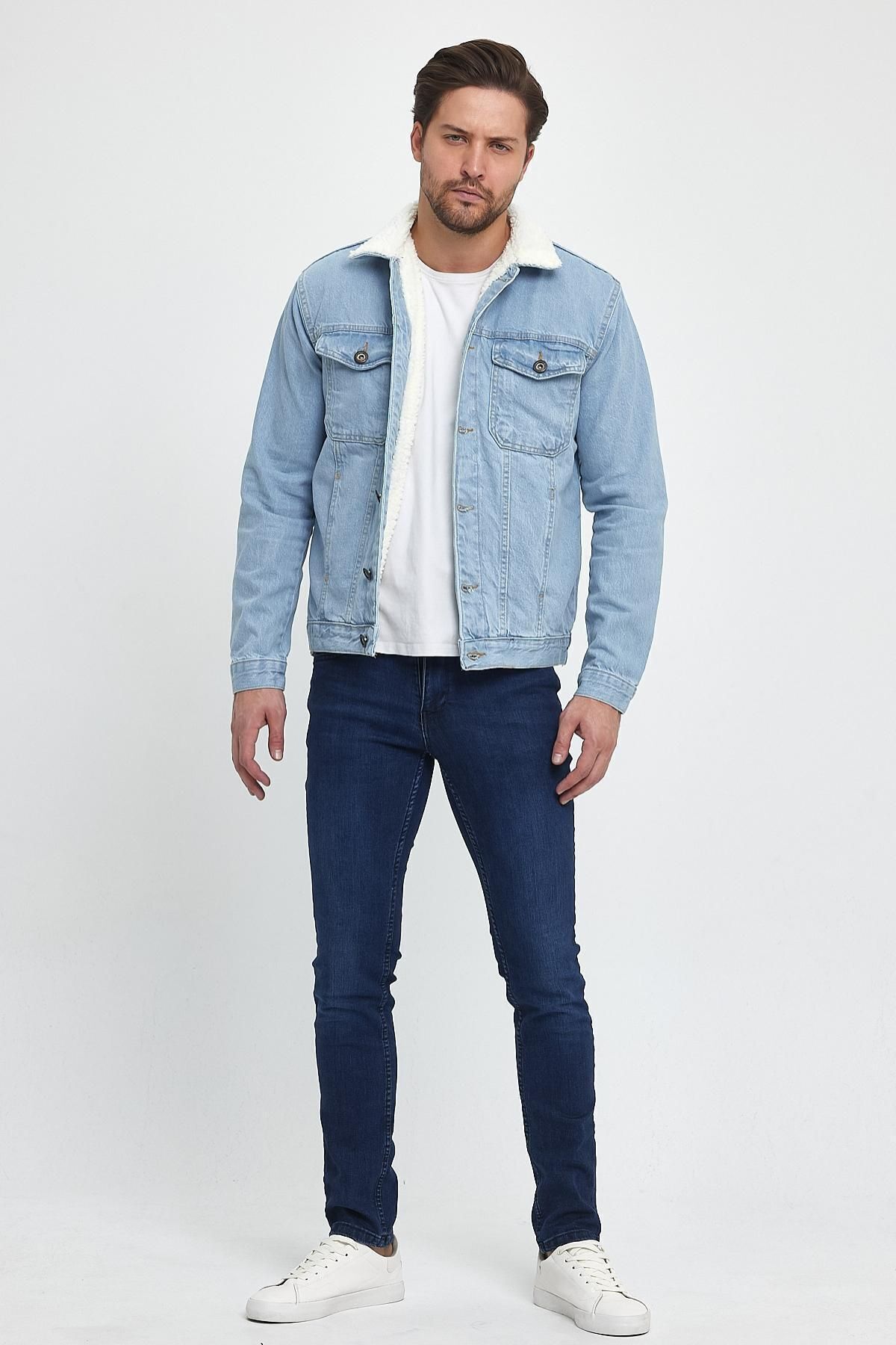 Erkek Kışlık Moda Denim Kış Sezonu Kot Ceket Buz Mavi 4