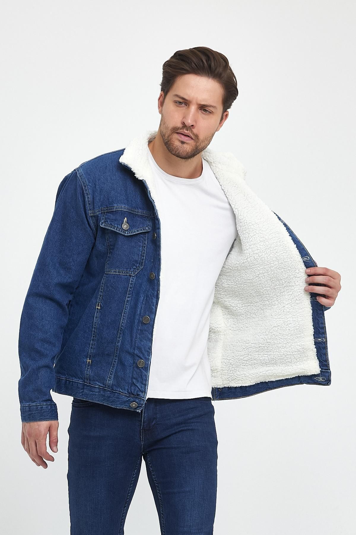 Erkek Kışlık Moda Kürklü Denim Kış Sezonu Kot Ceket Mavi 3