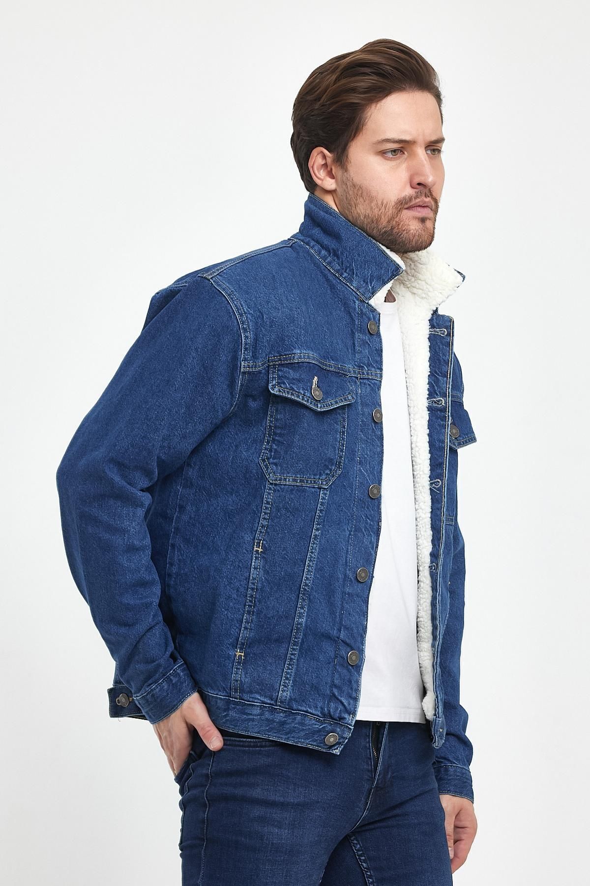 Erkek Kışlık Moda Kürklü Denim Kış Sezonu Kot Ceket Mavi 4