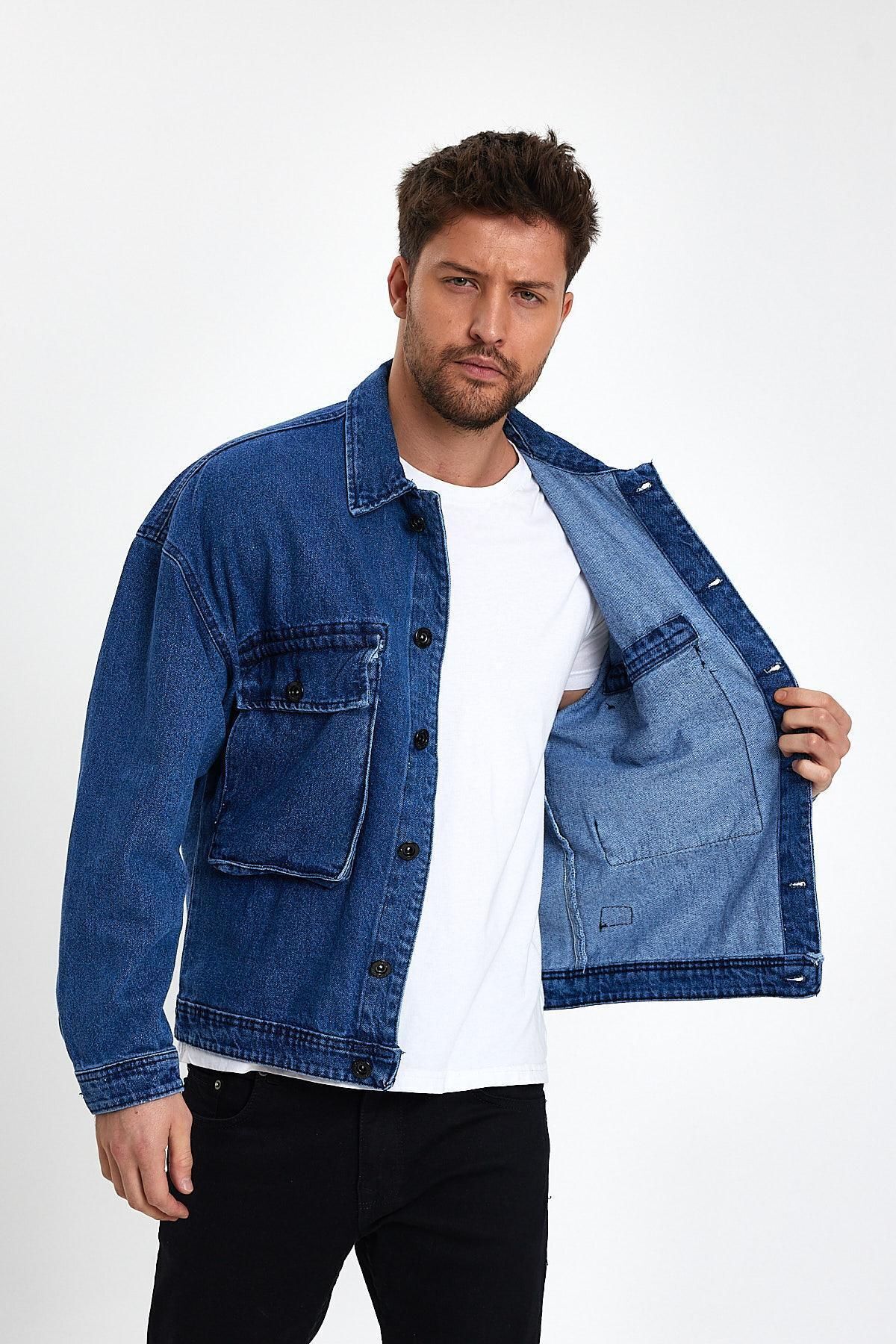 Unisex Streetwise Jean Oversize Günlük Rahat Kot Ceket Mavi 3