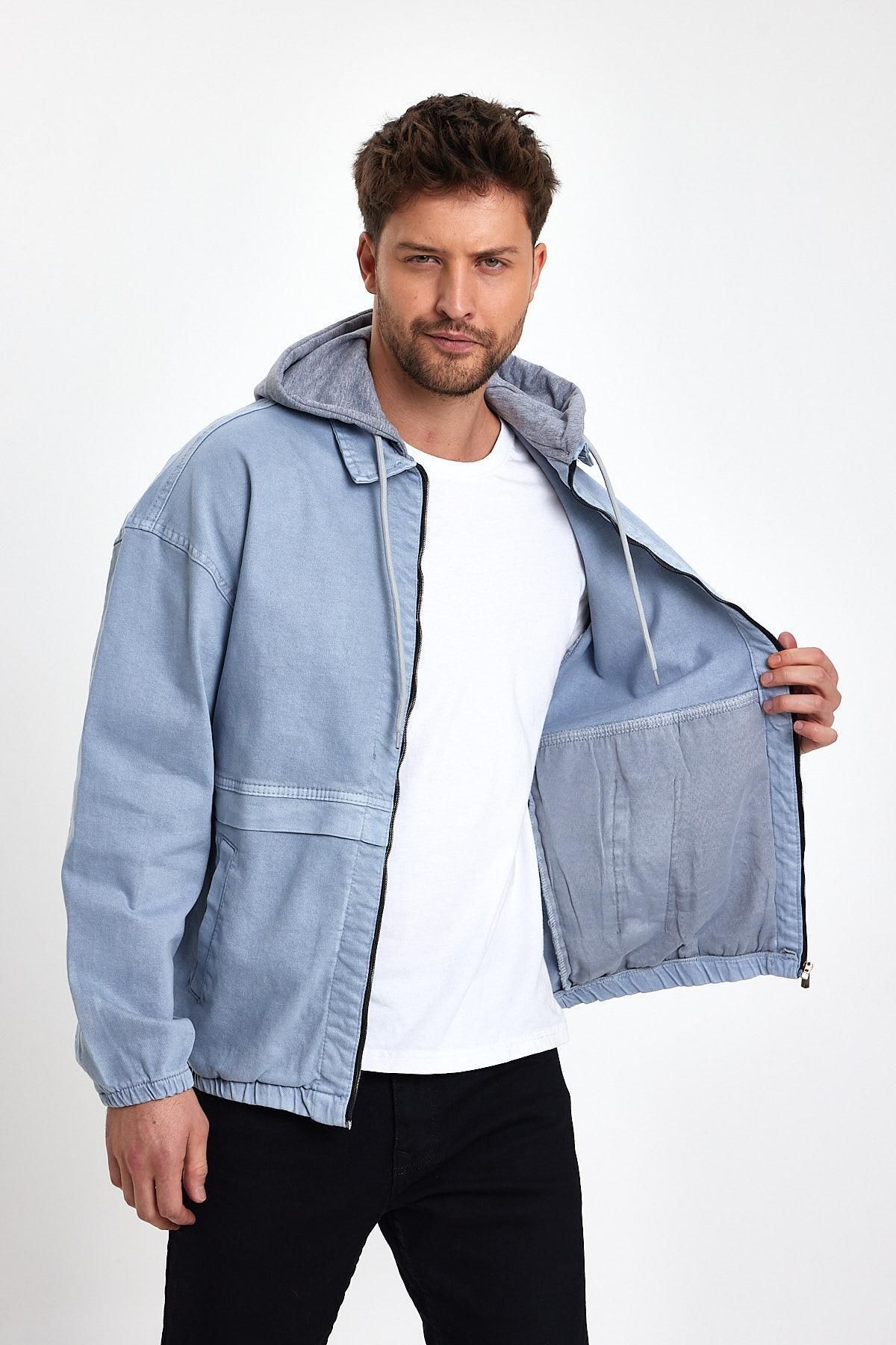Unisex CoolStil Rahat Jean Sokak Modası Kapşonlu Kot Ceket Buz Mavi 3