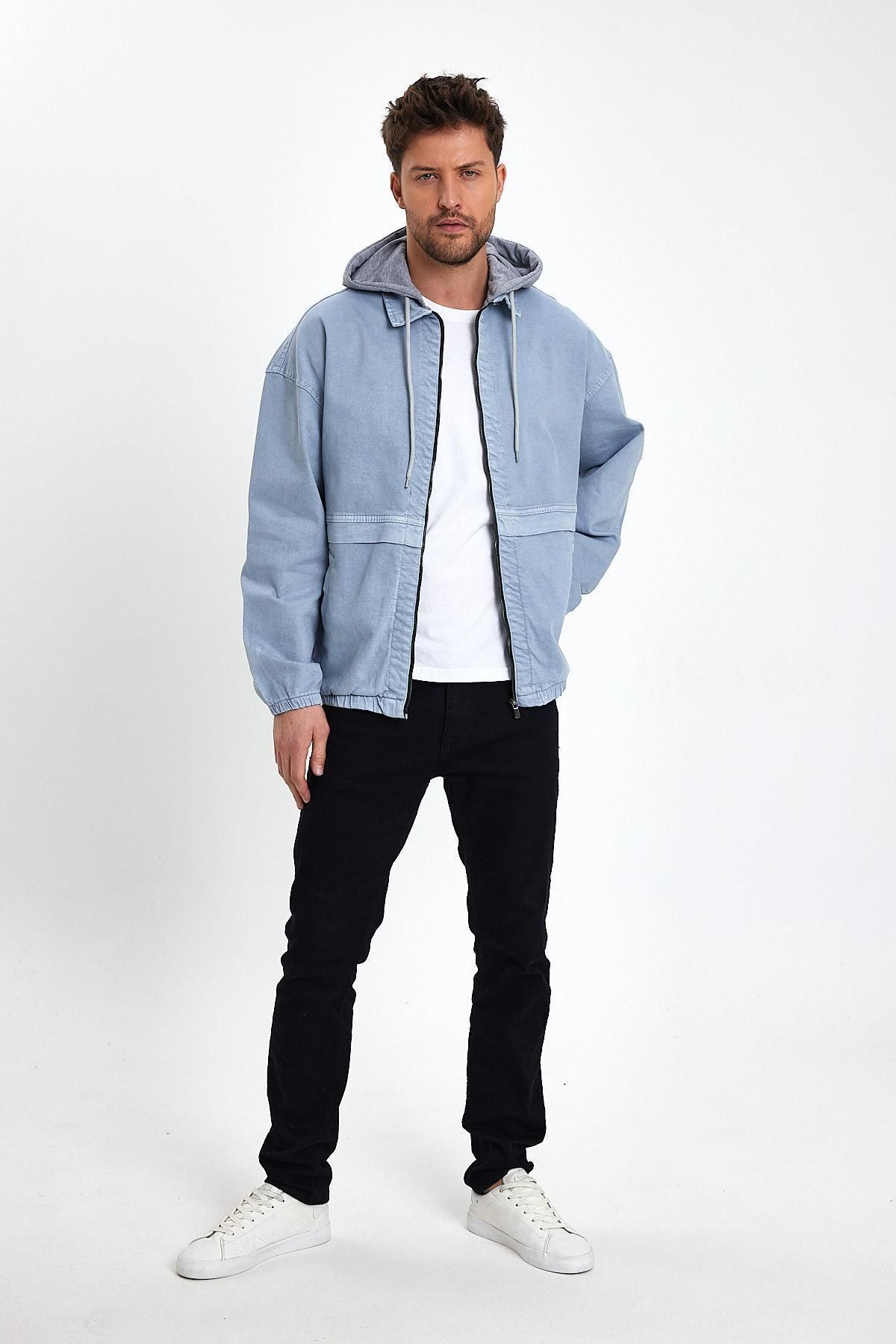 Unisex CoolStil Rahat Jean Sokak Modası Kapşonlu Kot Ceket Buz Mavi 4
