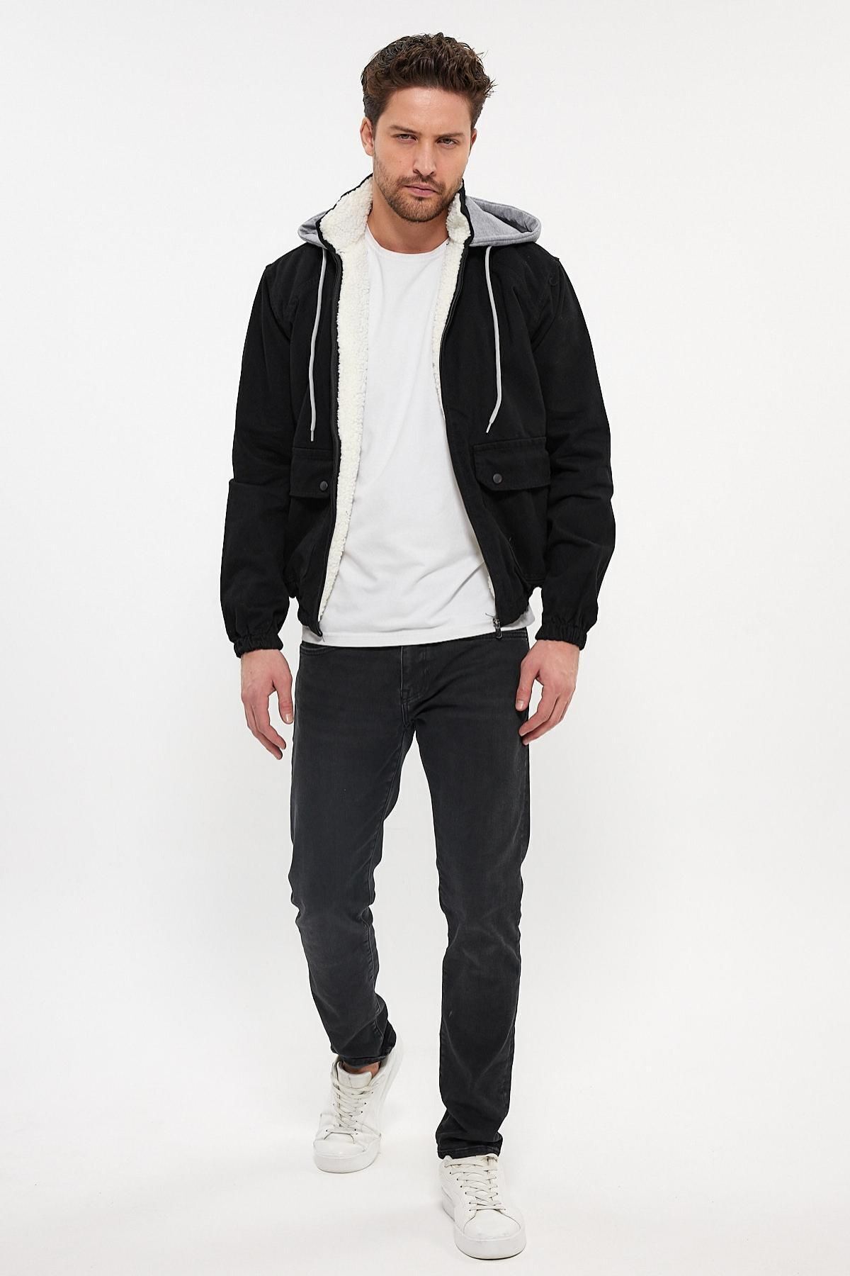 Unisex JeanVibe İçi Kürklü Pamuklu Kapşonlu Kot Ceket Siyah 3