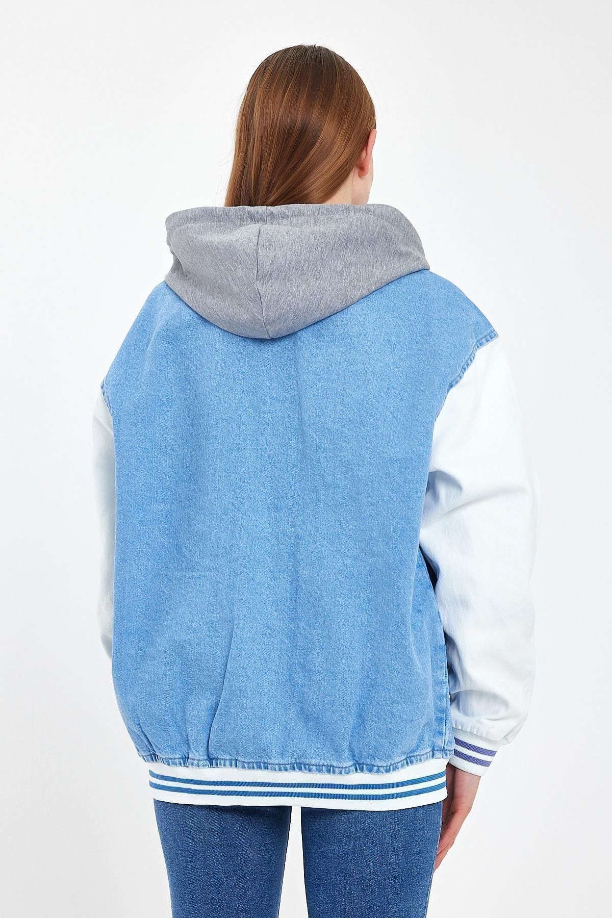 Kadın JeanComfort Oversize Pamuklu Kapşonlu Kot Kolej Ceket Buz Mavi 5