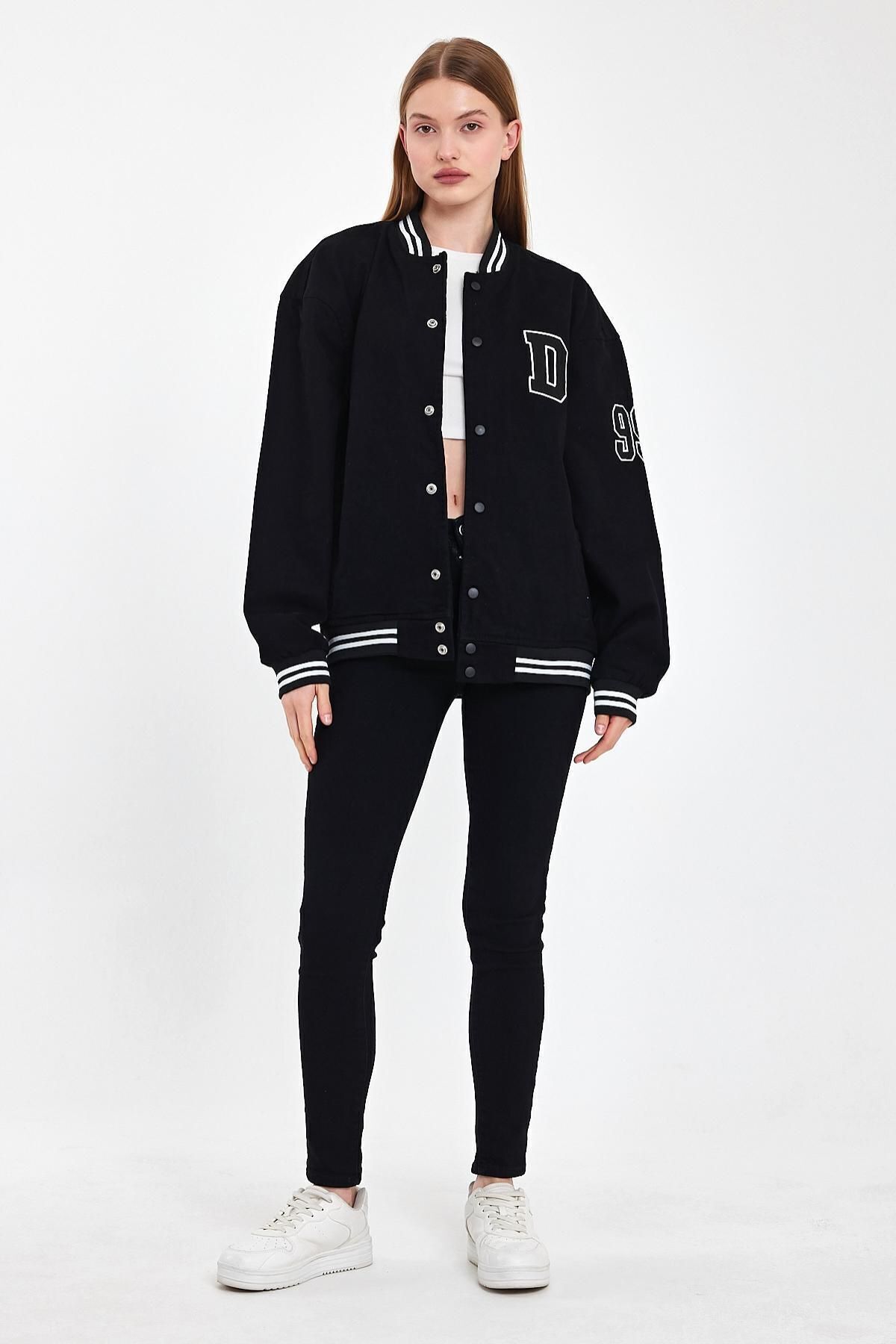 Kadın Jeanvibe Oversize Pamuklu Rahat Kot Kolej Ceket Siyah 3