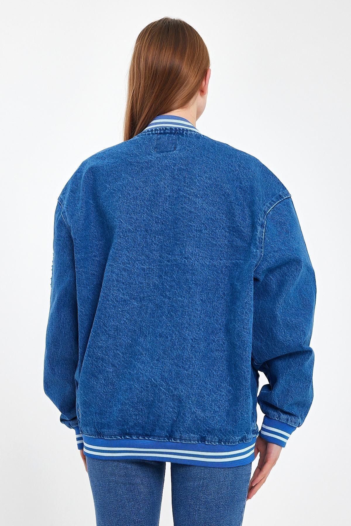 Kadın Jeanvibe Oversize Pamuklu Rahat Kot Kolej Ceket 5