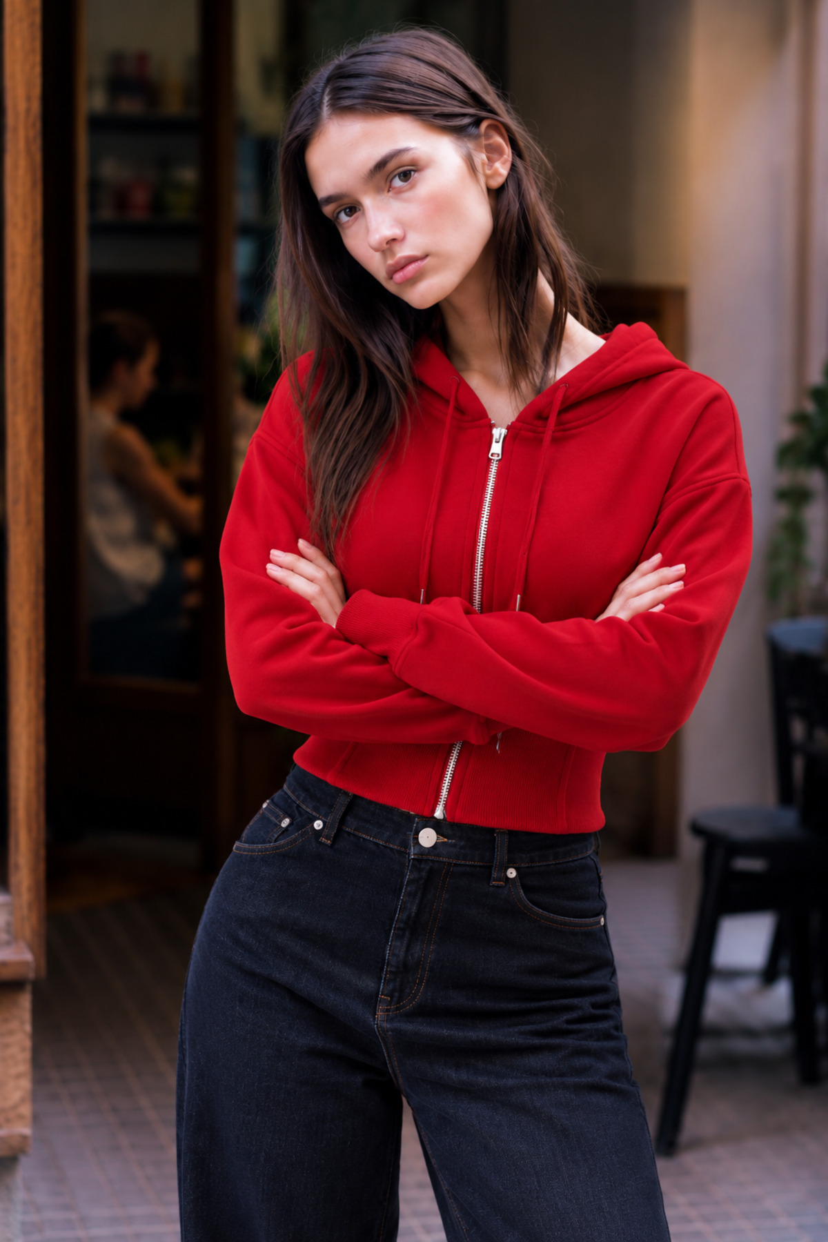 Kadın Fermuarlı Kapüşonlu Detaylı Kırmızı Crop Sweat 6
