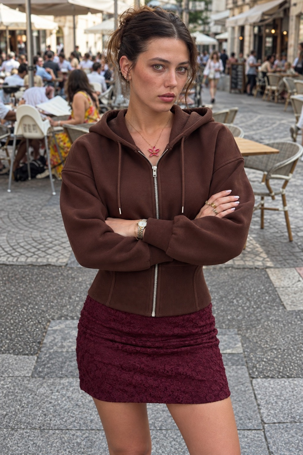 Kadın Fermuarlı Kapüşonlu Kahve Sweatshirt 5