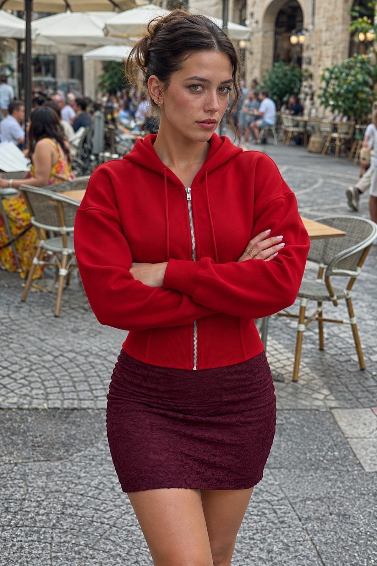 Kadın Fermuarlı Kapüşonlu Kırmızı Sweatshirt 5