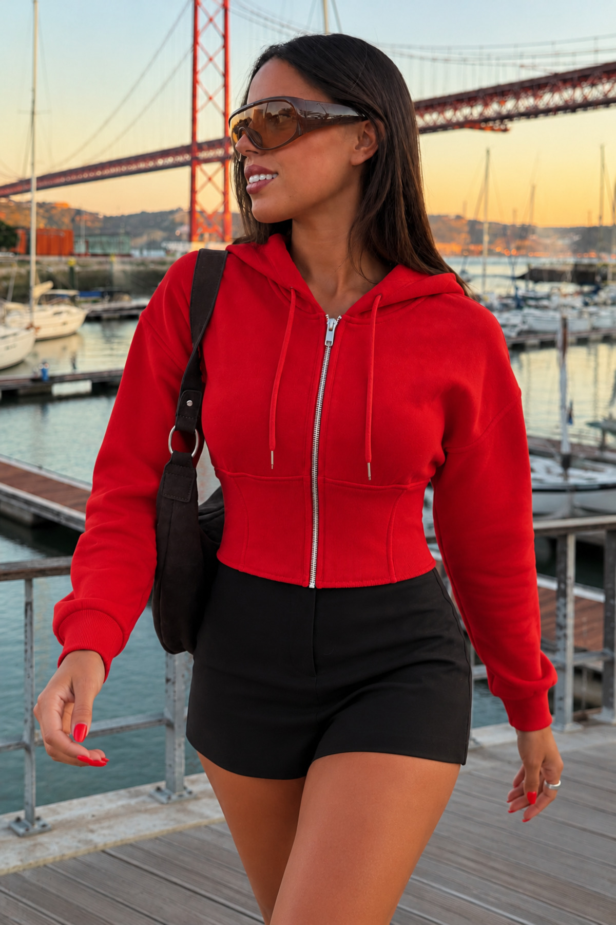 Kadın Spor Kapüşonlu Uzun Kollu Fermuarlı Kırmızı Sweatshirt 3