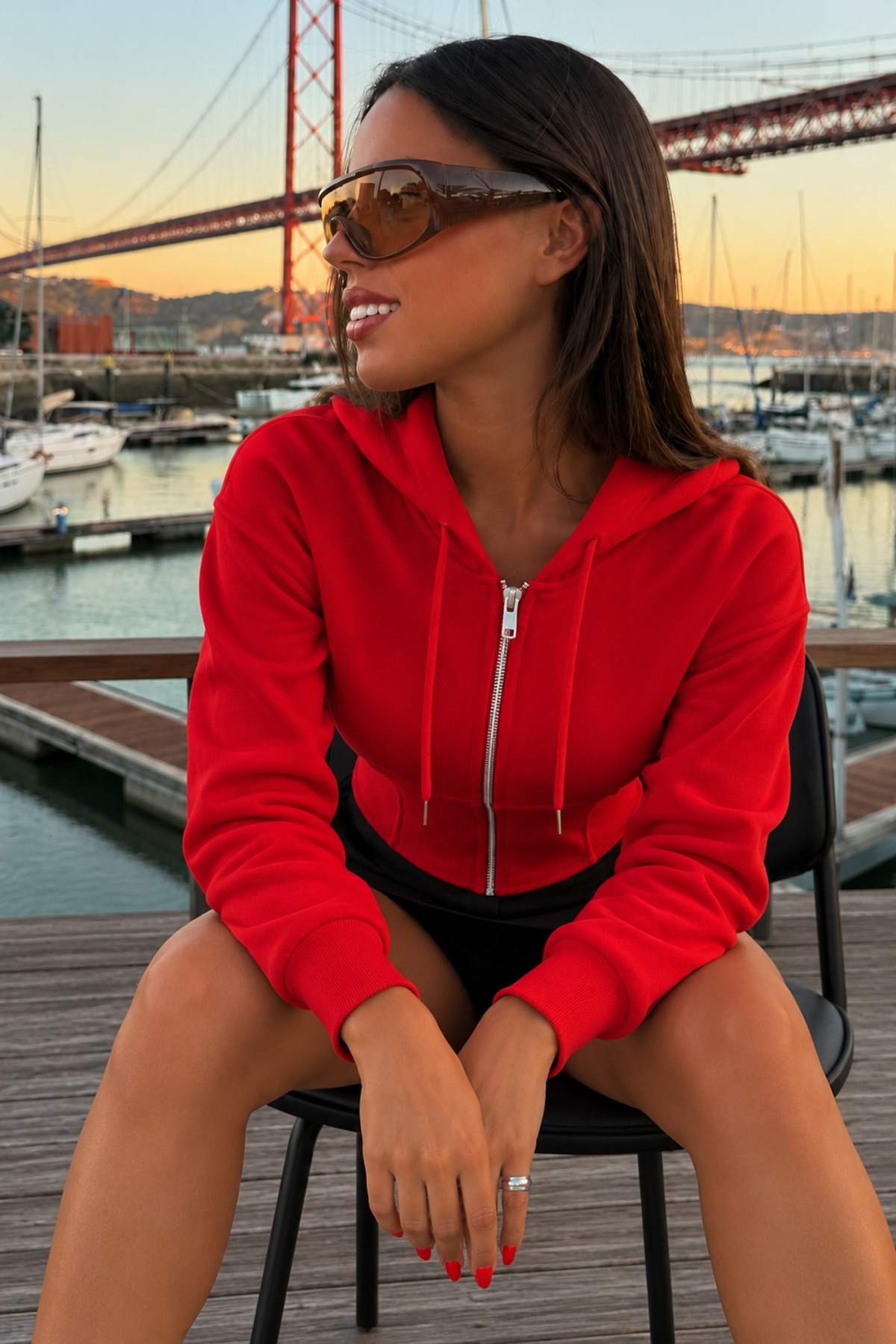 Kadın Spor Kapüşonlu Uzun Kollu Fermuarlı Kırmızı Sweatshirt 4