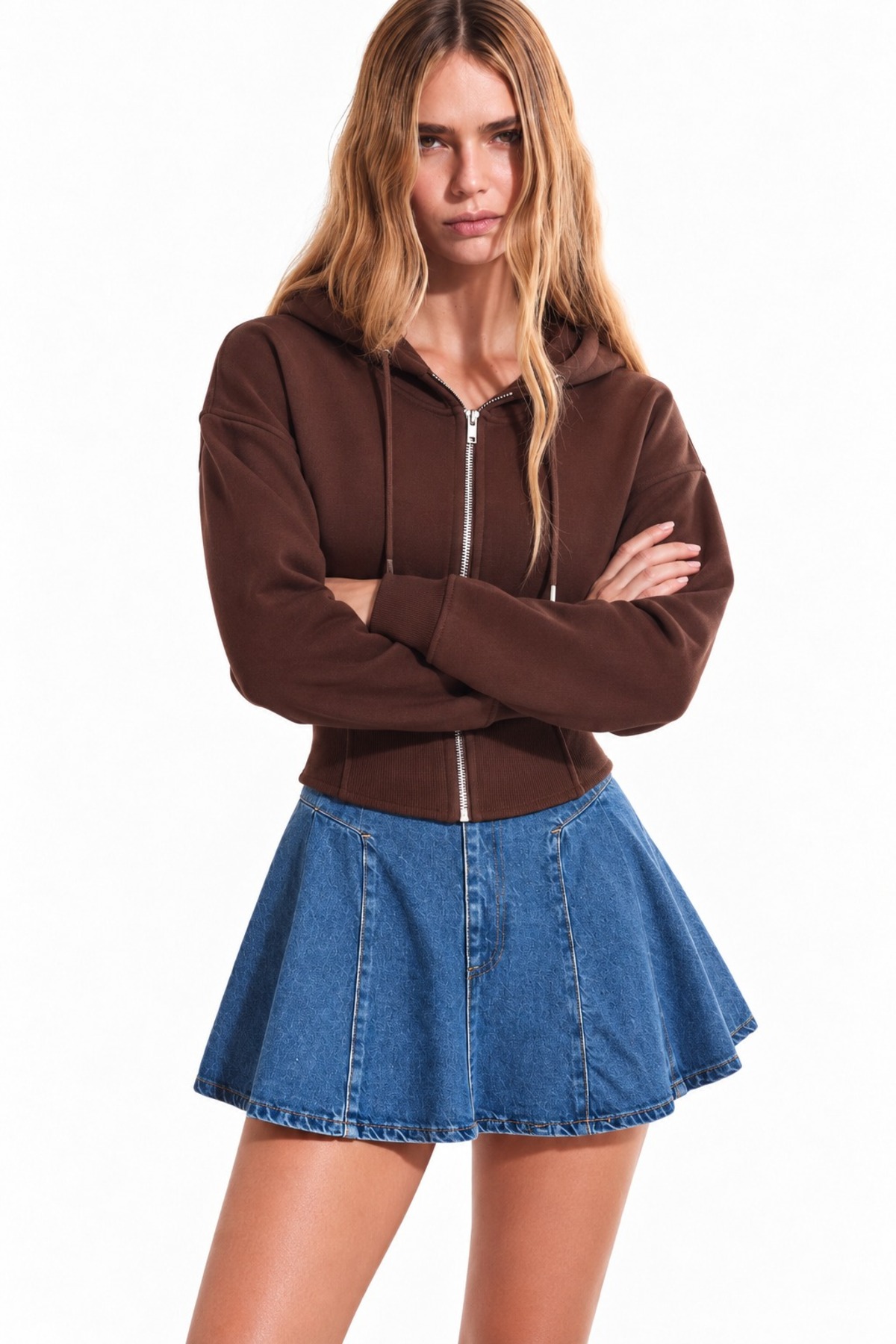 Kadın Fermuarlı Kapüşonlu Ribanalı Spor Kahve Sweatshirt 5