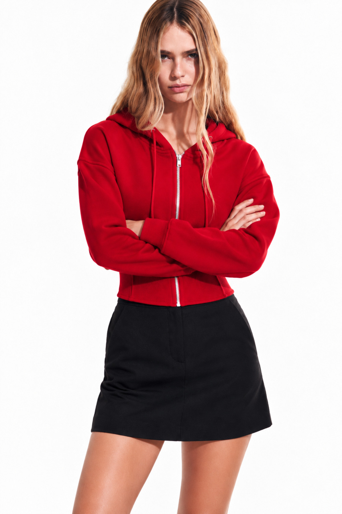 Kadın Fermuarlı Kapüşonlu Ribanalı Spor Kırmızı Sweatshirt 5