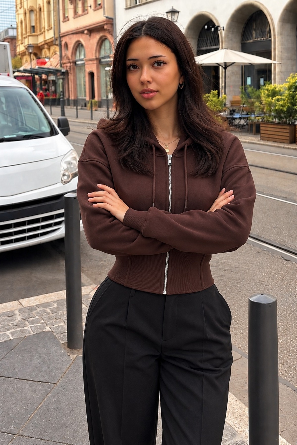Kadın Kapüşonlu Tam Fermuarlı Kahve Sweatshirt 5