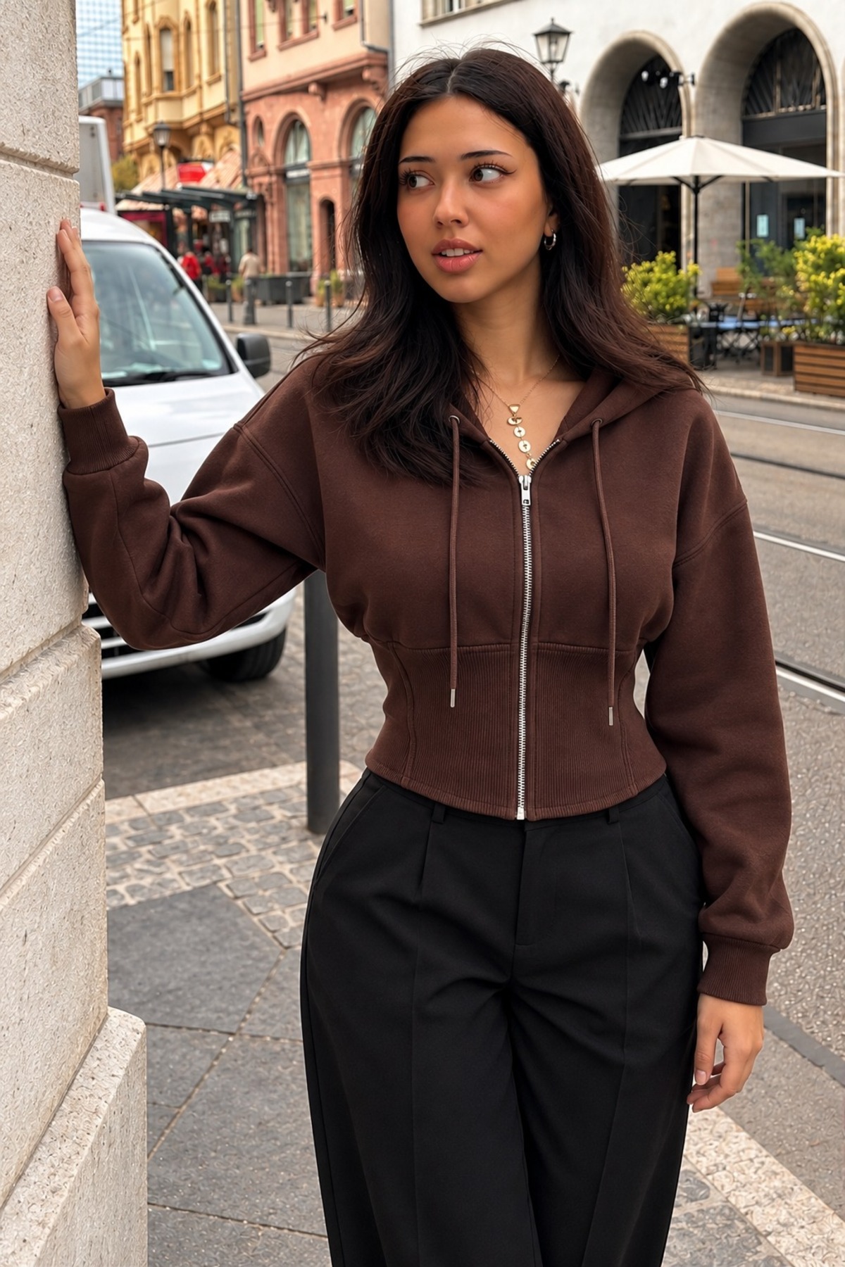 Kadın Kapüşonlu Tam Fermuarlı Kahve Sweatshirt 4