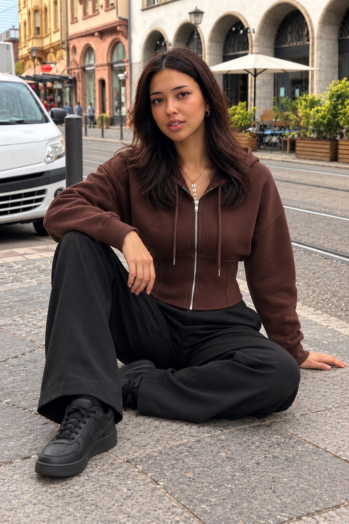 Kadın Kapüşonlu Tam Fermuarlı Kahve Sweatshirt 3