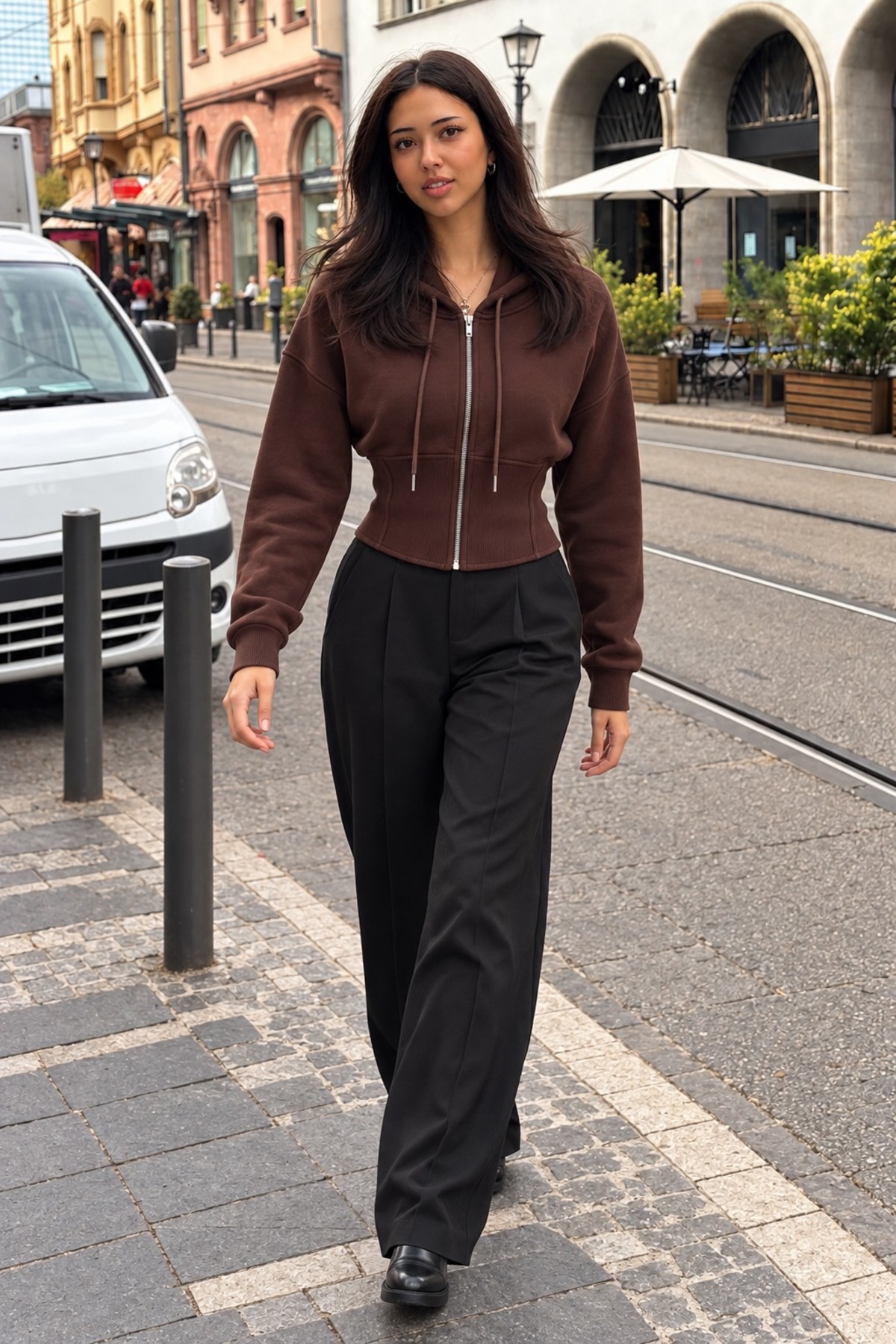 Kadın Kapüşonlu Tam Fermuarlı Kahve Sweatshirt 6