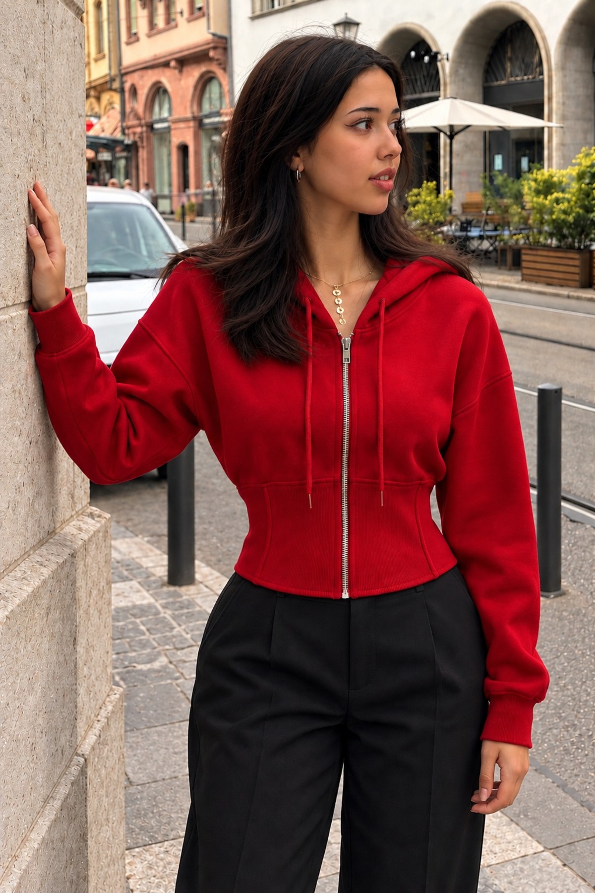 Kadın Kapüşonlu Tam Fermuarlı Kırmızı Sweatshirt 4