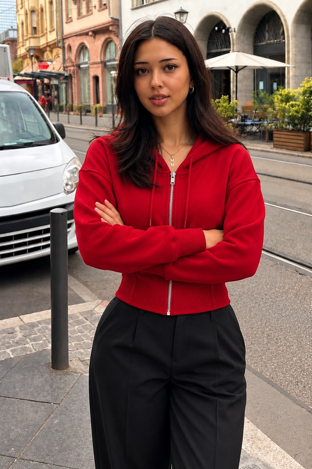 Kadın Kapüşonlu Tam Fermuarlı Kırmızı Sweatshirt 5