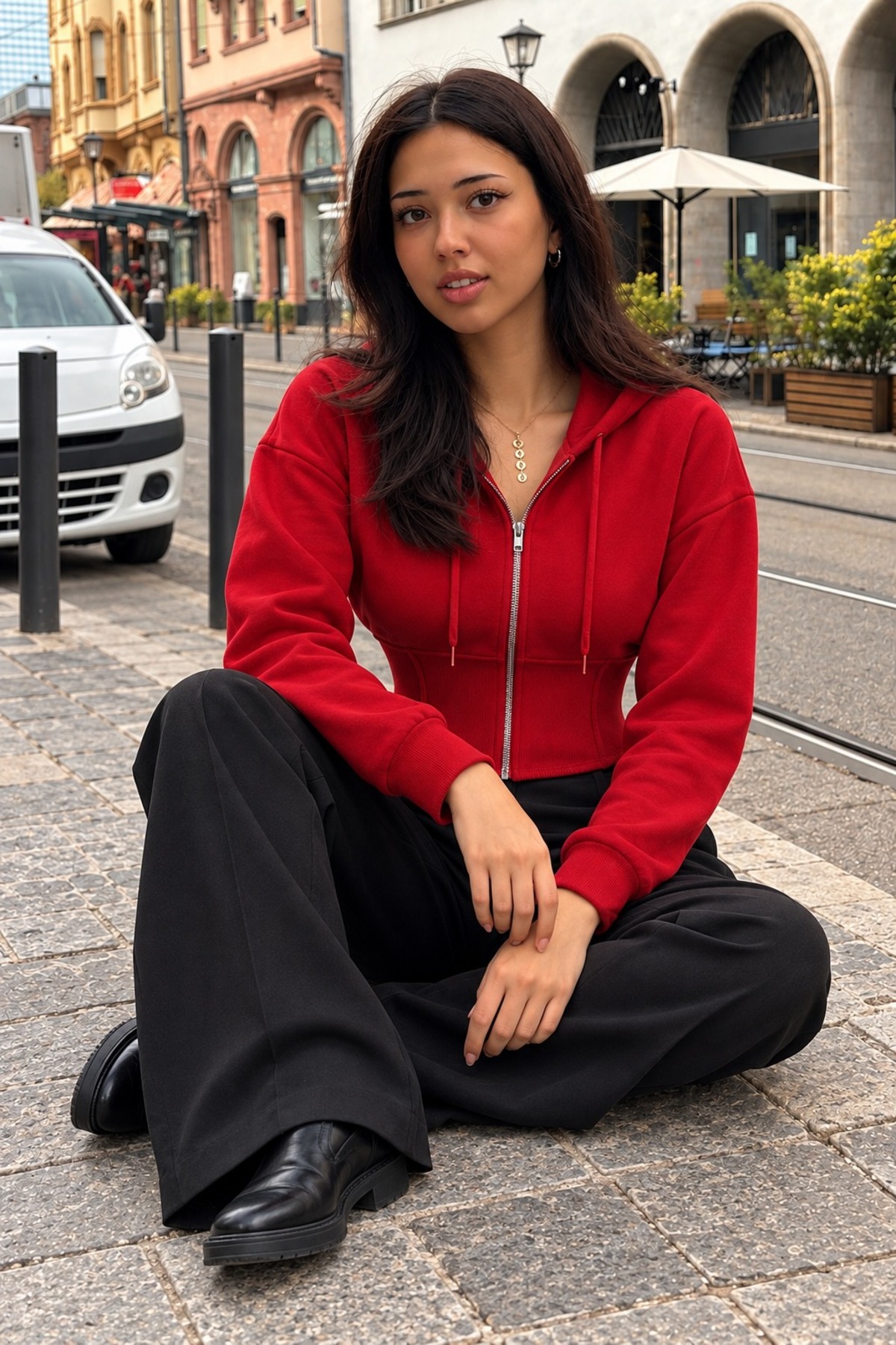 Kadın Kapüşonlu Tam Fermuarlı Kırmızı Sweatshirt 3