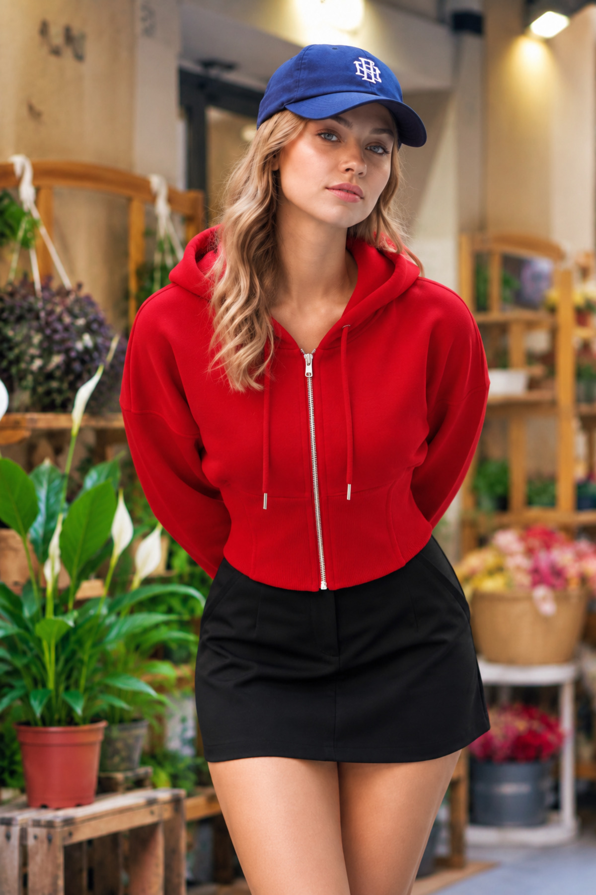 Kadın Korse Detaylı Fermuarlı Trend Kırmızı Crop Sweatshirt 3