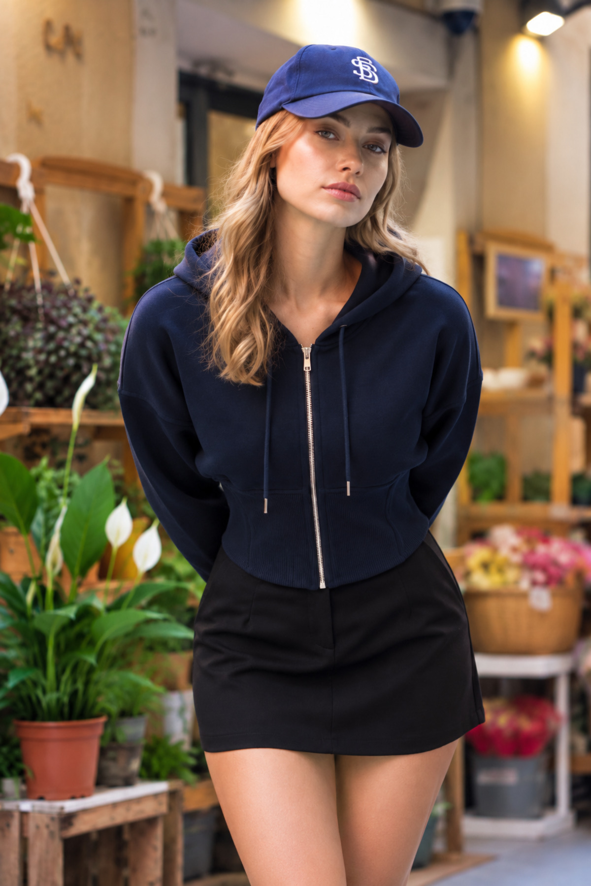 Kadın Korse Detaylı Fermuarlı Trend Lacivert Crop Sweatshirt 3