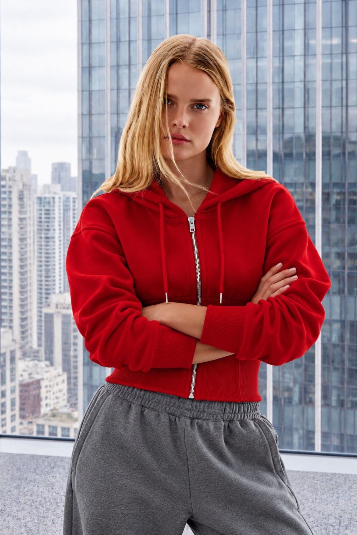 Kadın Kapüşonlu Fermuarlı Modern Kesim Kırmızı Sweatshirt 5
