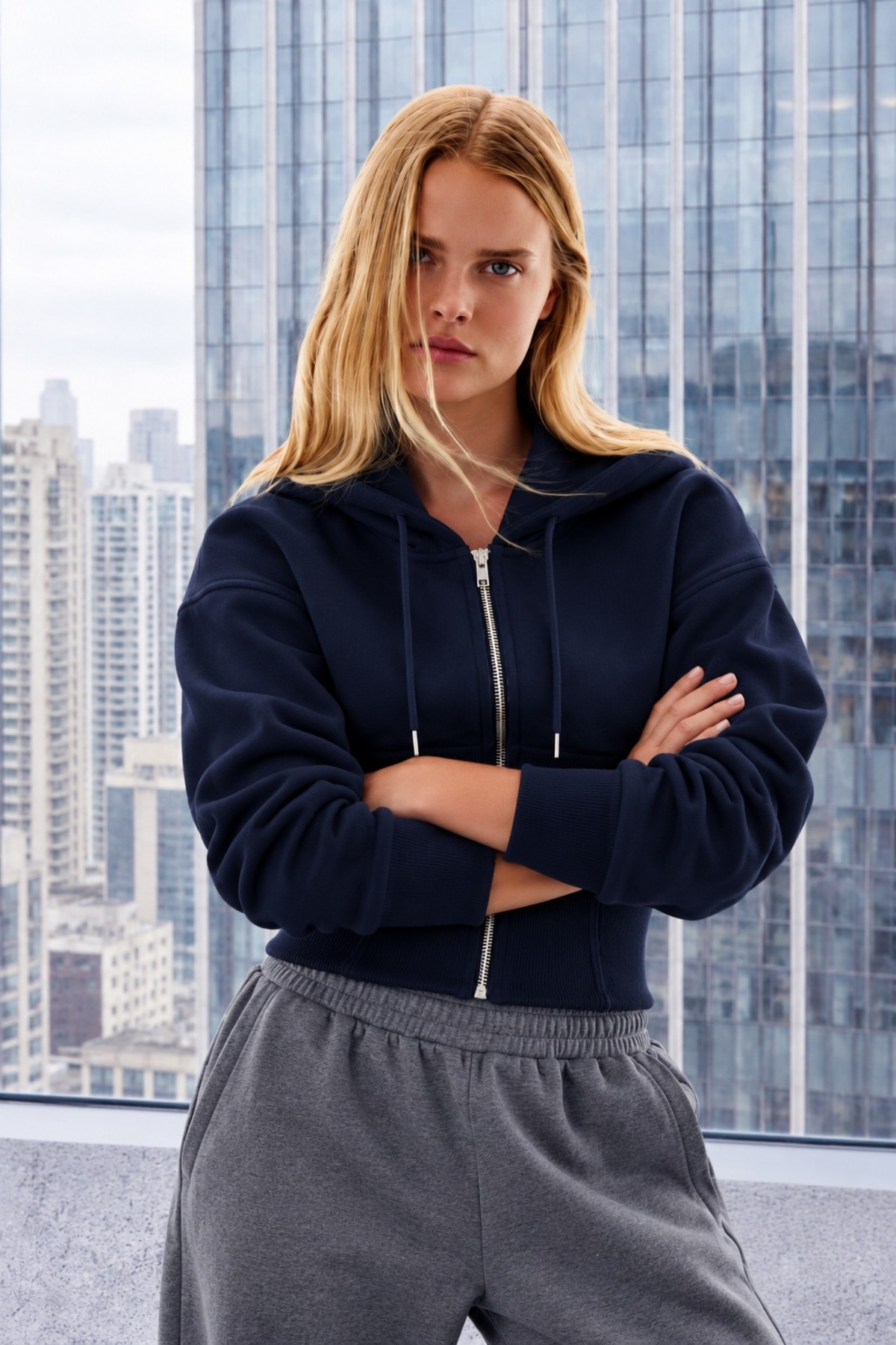 Kadın Kapüşonlu Fermuarlı Modern Kesim Lacivert Sweatshirt 5