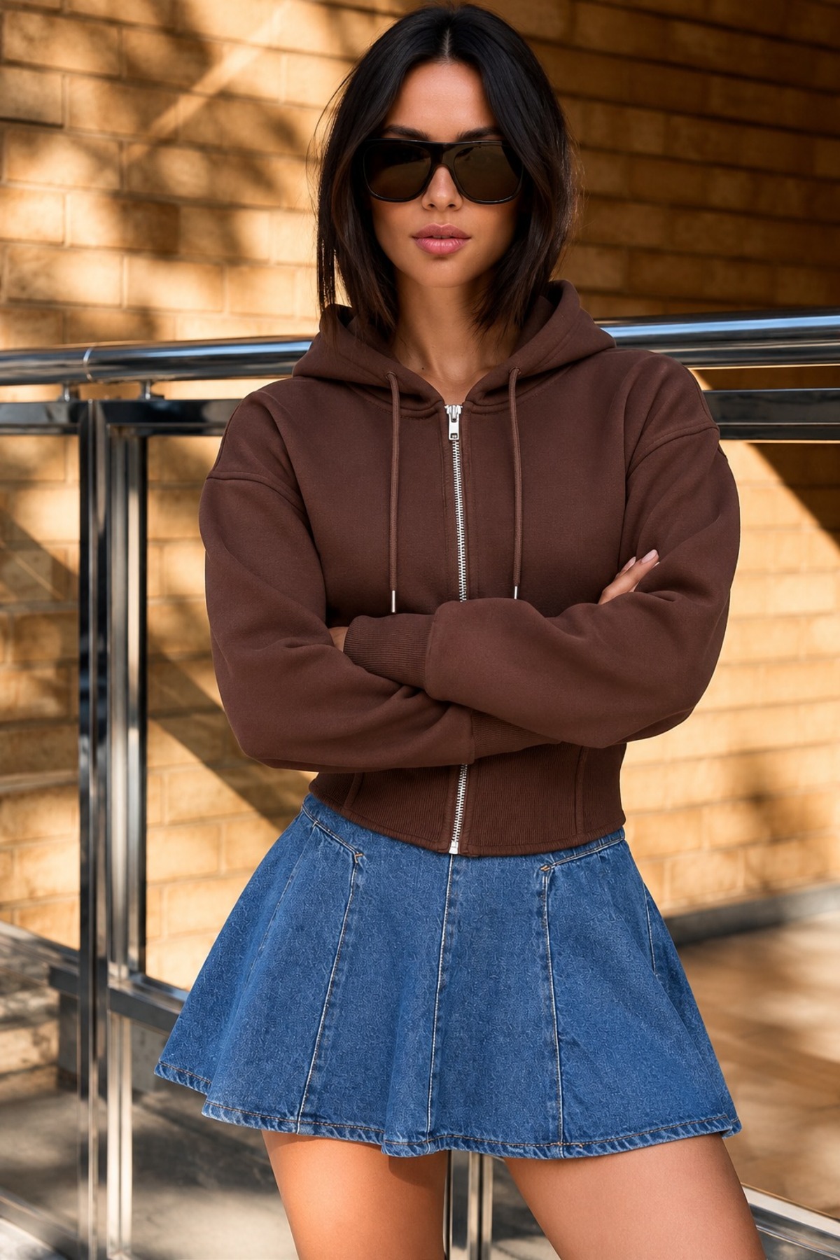 Kadın Kapüşonlu Fermuarlı Detaylı Kahve Sweatshirt 5