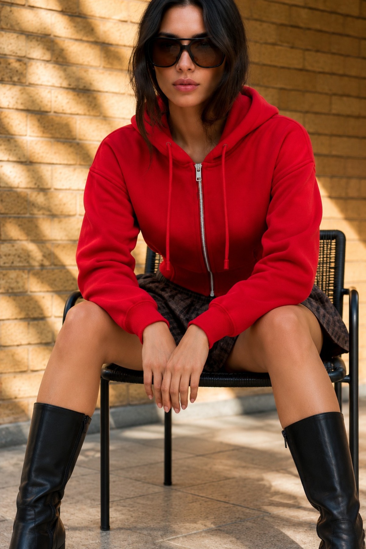 Kadın Kapüşonlu Fermuarlı Detaylı Kırmızı Sweatshirt 4