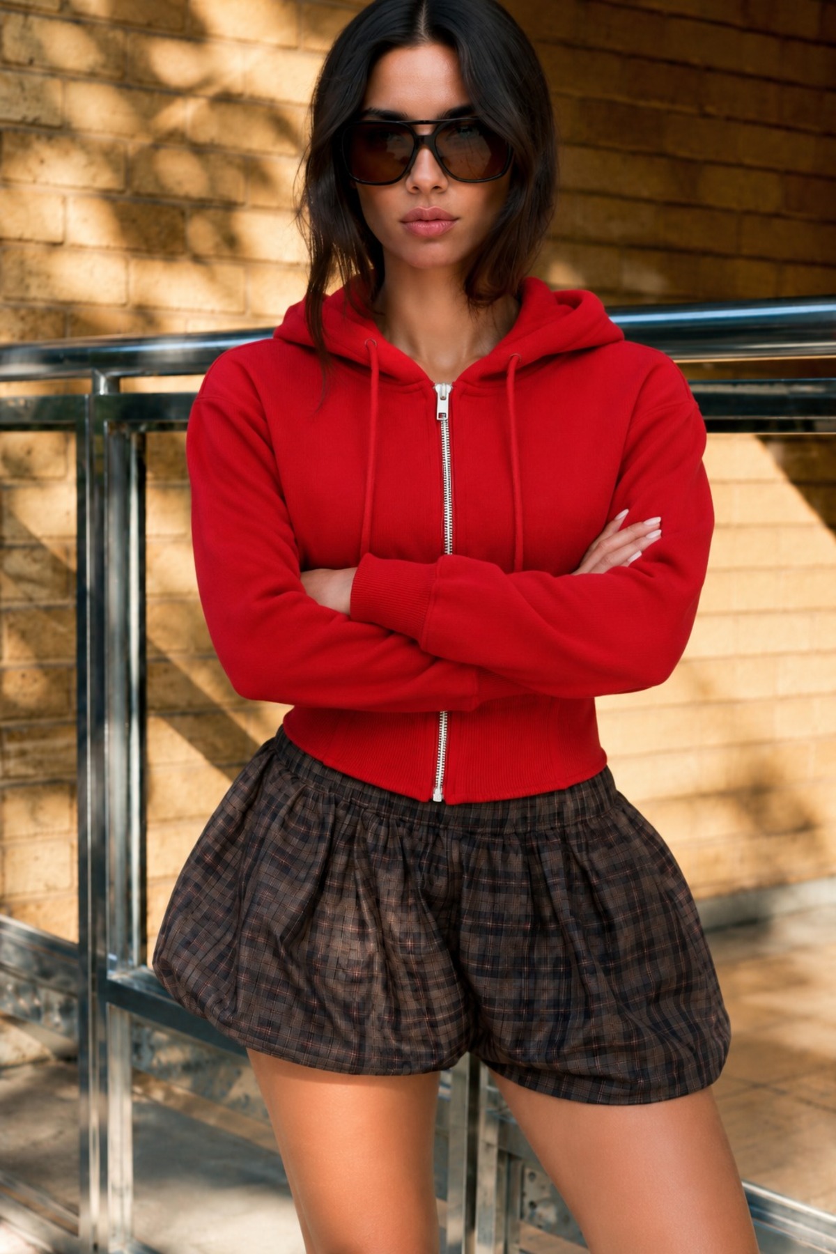 Kadın Kapüşonlu Fermuarlı Detaylı Kırmızı Sweatshirt 5