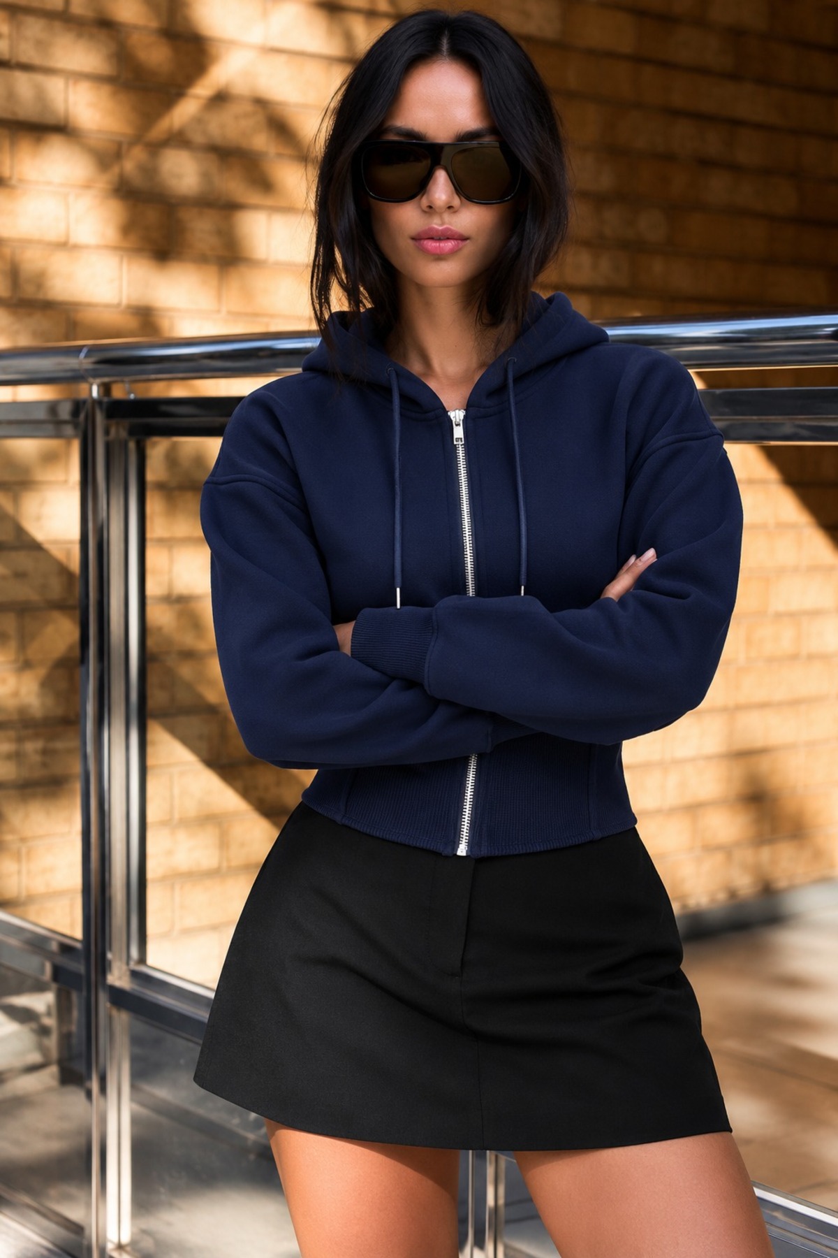 Kadın Kapüşonlu Fermuarlı Detaylı Lacivert Sweatshirt 5