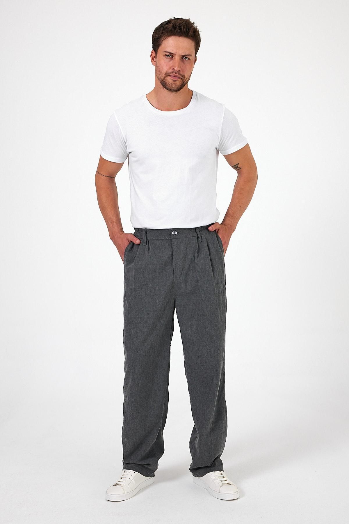 Erkek Yüksek Bel Oversize Esnek Bol Paça Gri Baggy Pantolon 3