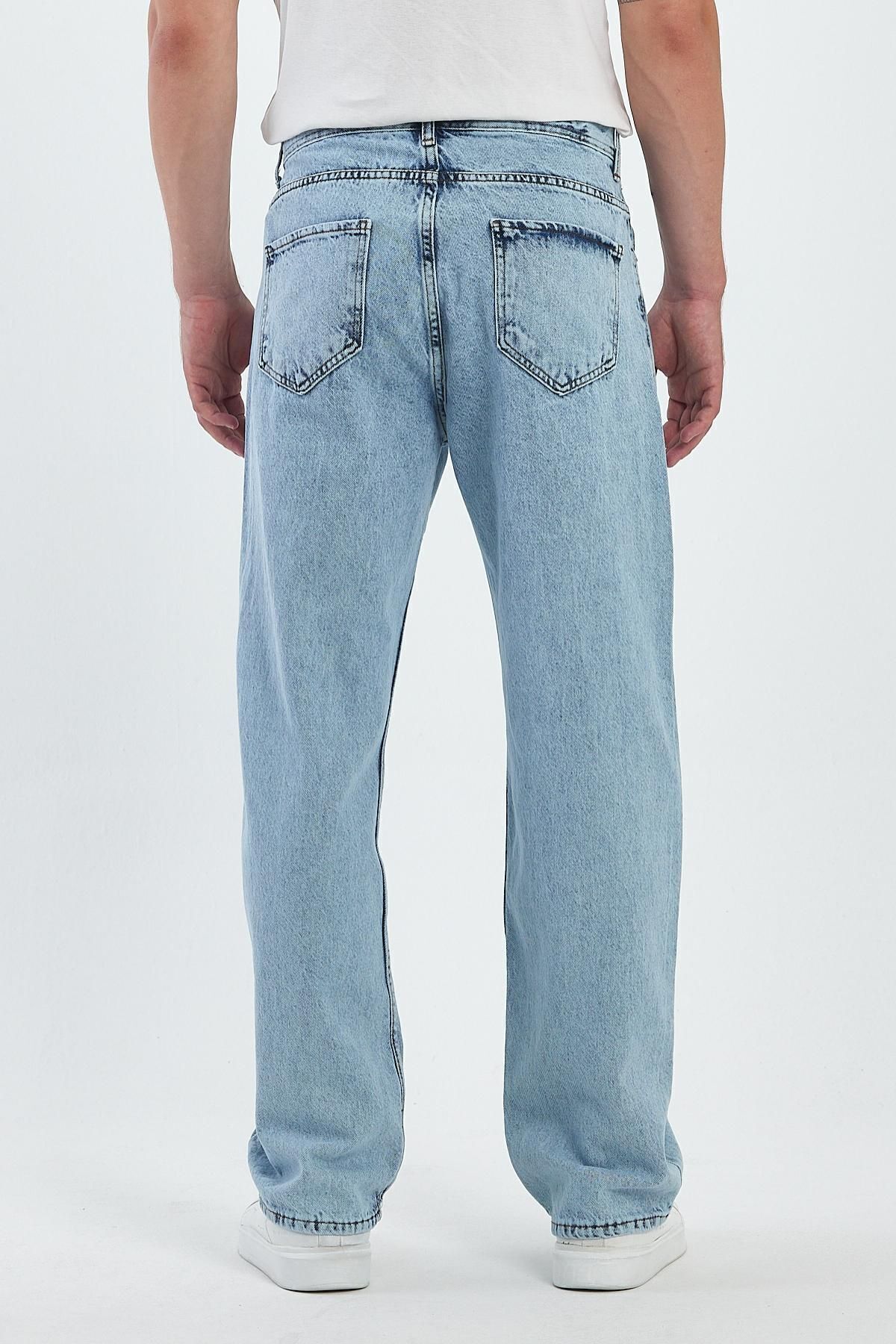 Erkek Oversize Bol Paça Yüksek Bel Buz Mavi Baggy Kot Pantolon 5