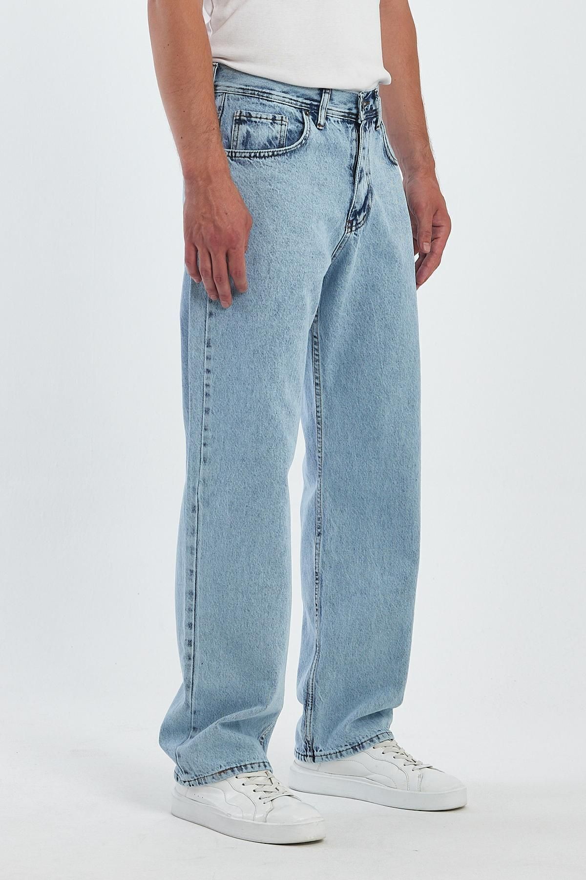 Erkek Oversize Bol Paça Yüksek Bel Buz Mavi Baggy Kot Pantolon 3