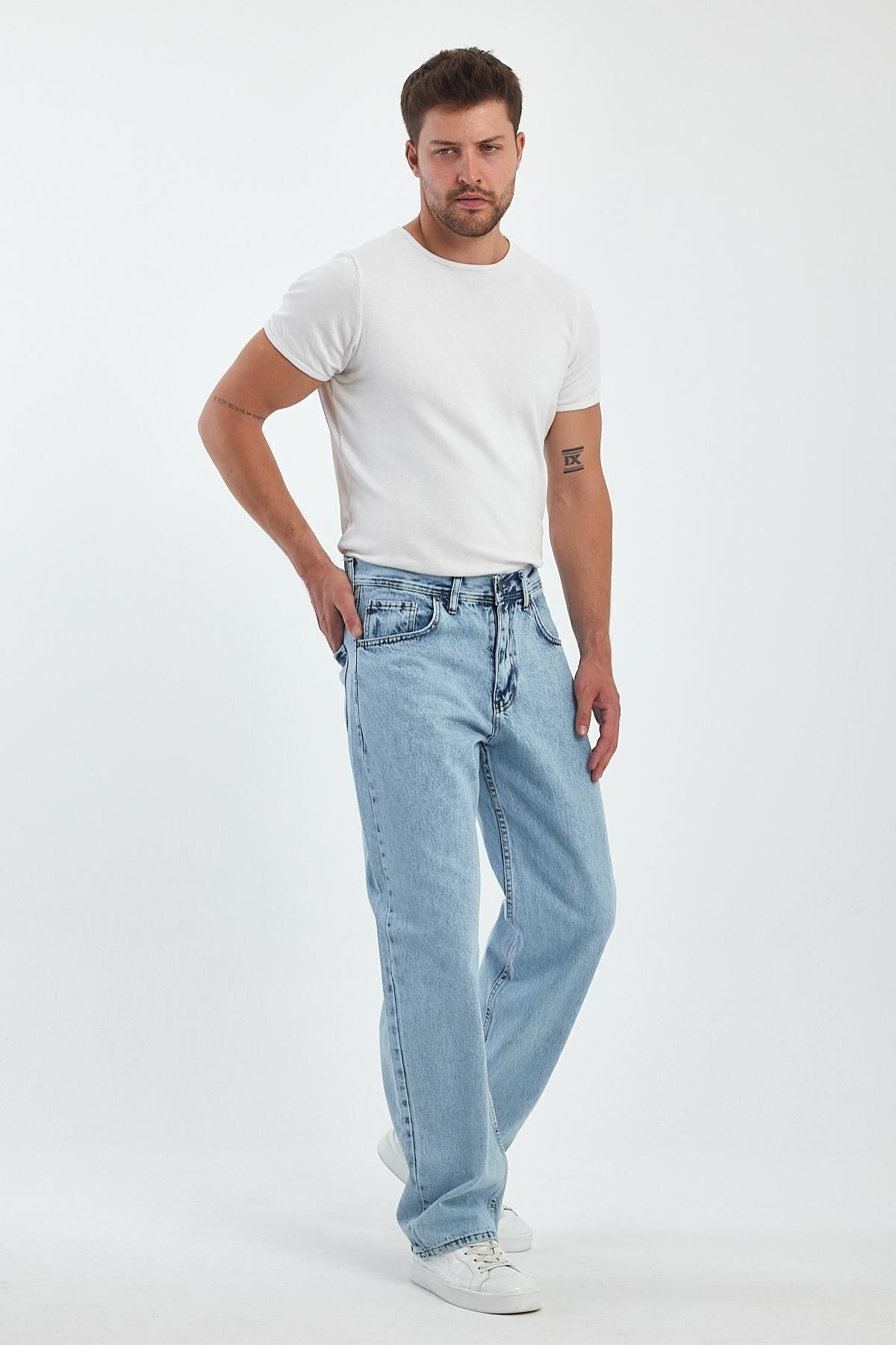 Erkek Oversize Bol Paça Yüksek Bel Buz Mavi Baggy Kot Pantolon 4