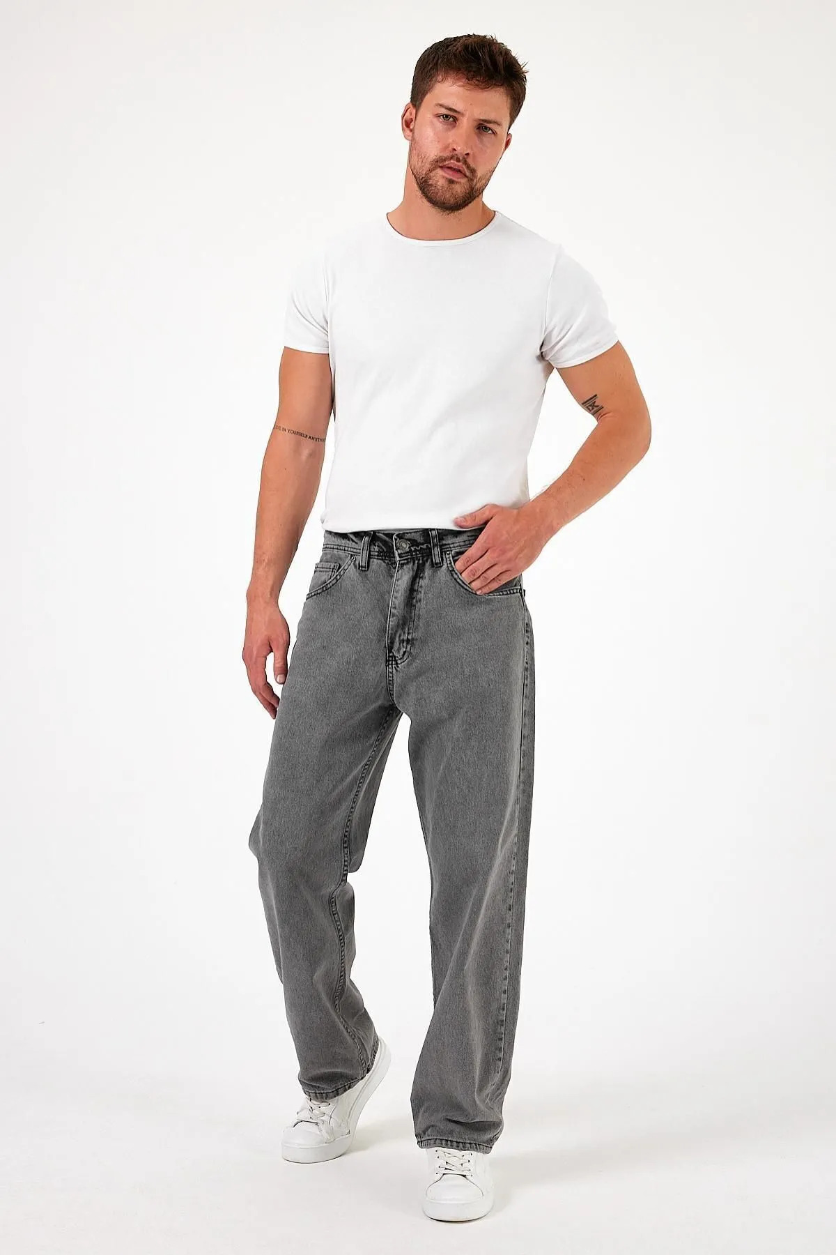 Erkek Oversize Bol Paça Yüksek Bel Füme Baggy Kot Pantolon 3