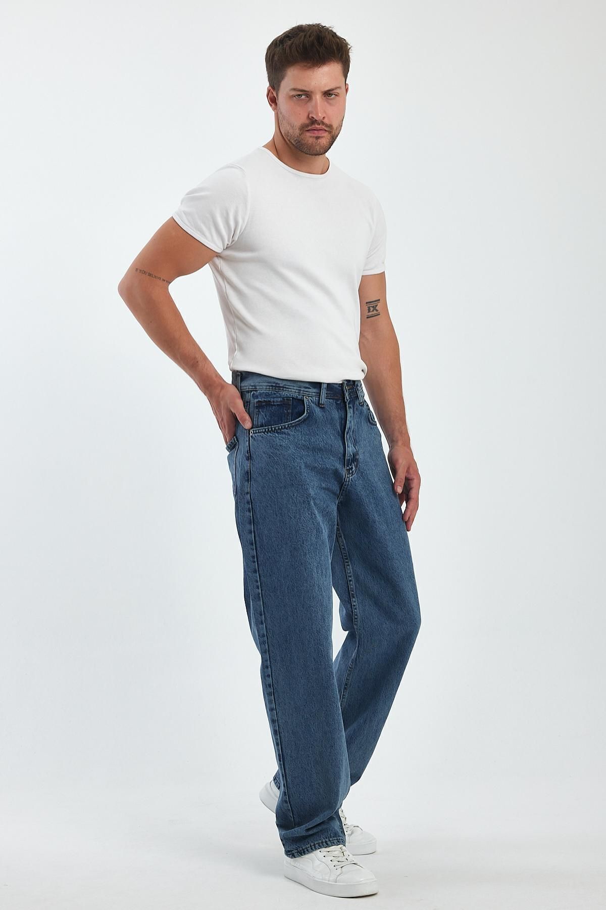 Erkek Oversize Bol Paça Yüksek Bel Mavi Baggy Kot Pantolon 4