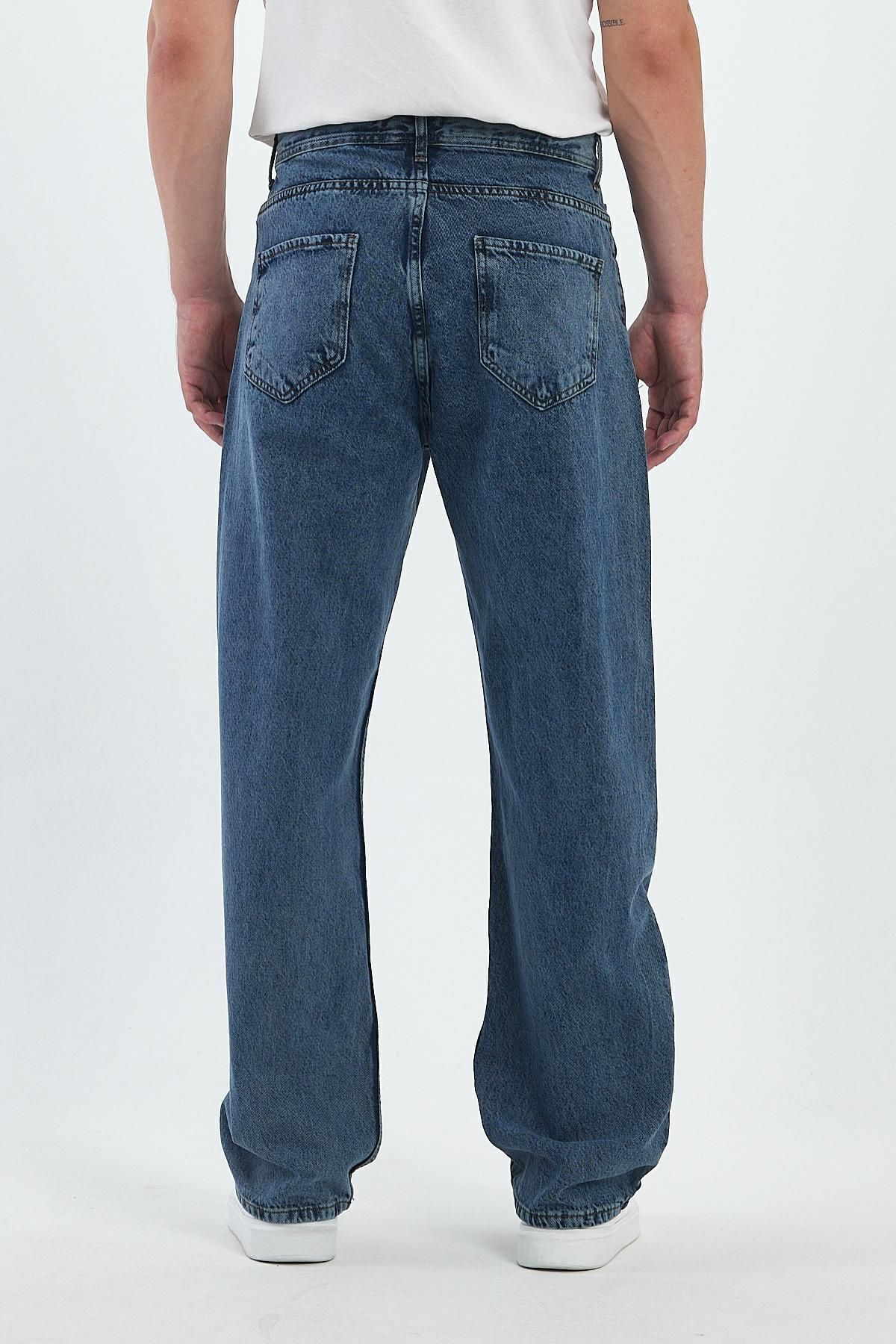 Erkek Oversize Bol Paça Yüksek Bel Mavi Baggy Kot Pantolon 5