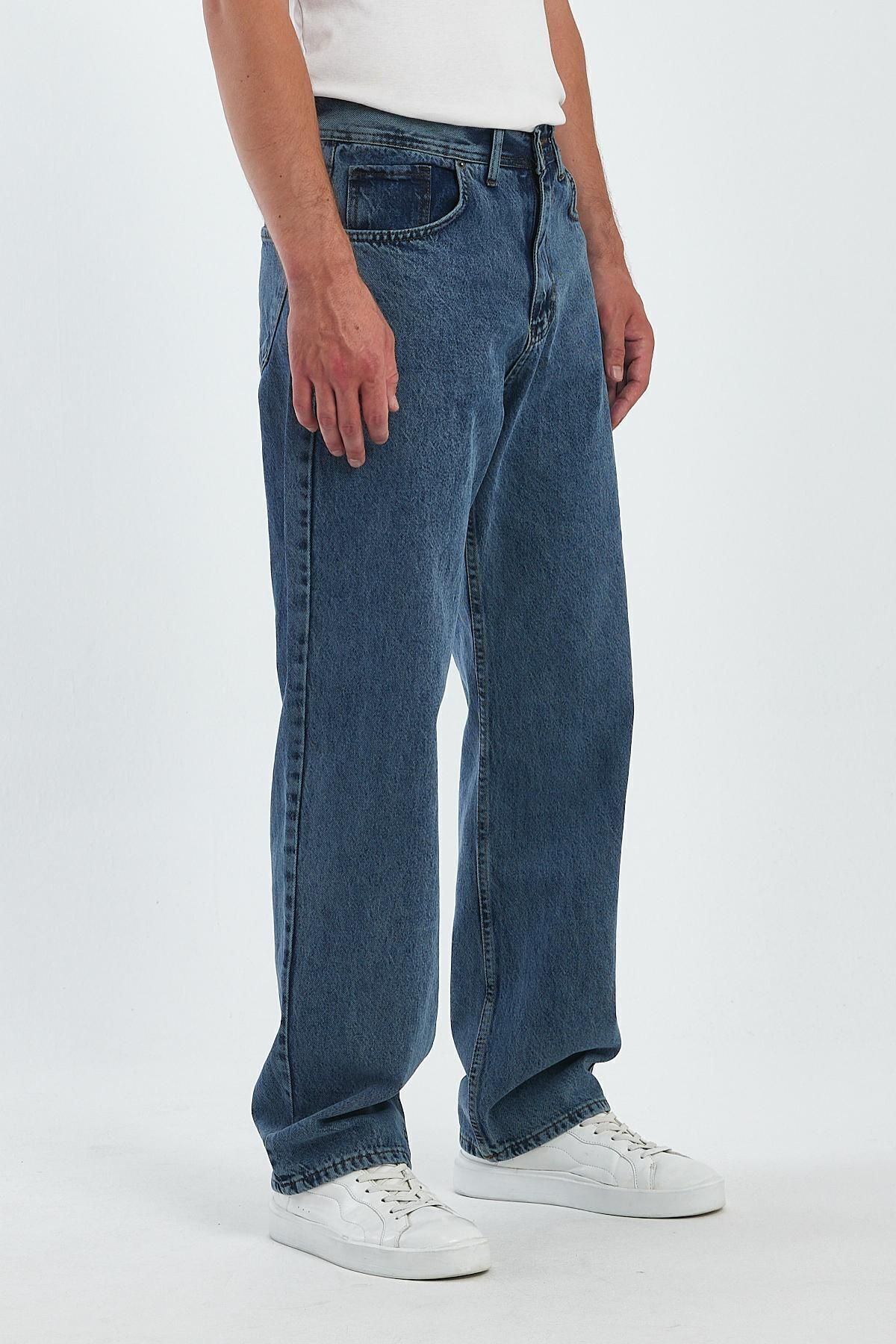 Erkek Oversize Bol Paça Yüksek Bel Mavi Baggy Kot Pantolon 3