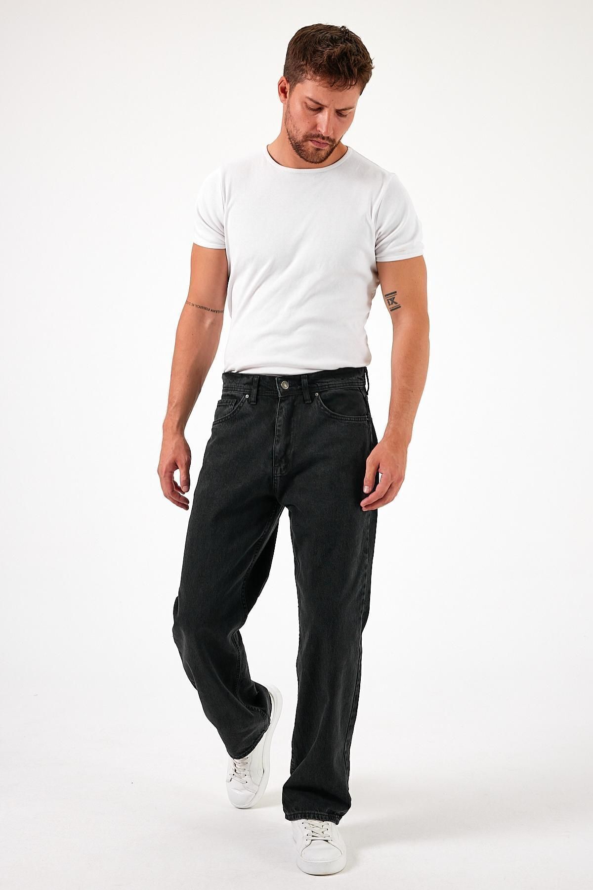 Erkek Oversize Bol Paça Yüksek Bel Siyah Baggy Kot Pantolon 3