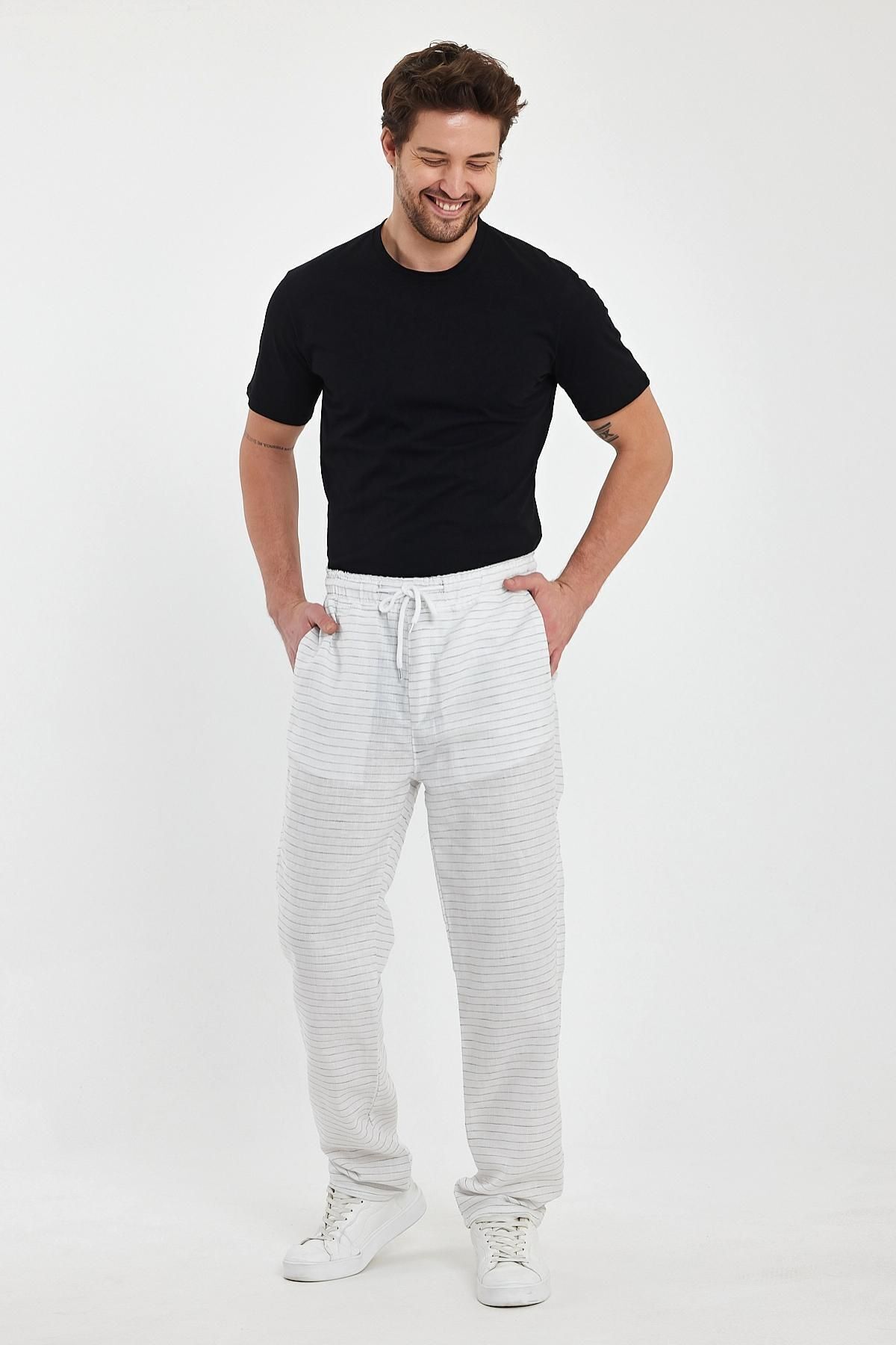 Erkek Yazlık Beli Lastikli Çizgili Pamuklu Beyaz Baggy Pantolon 4