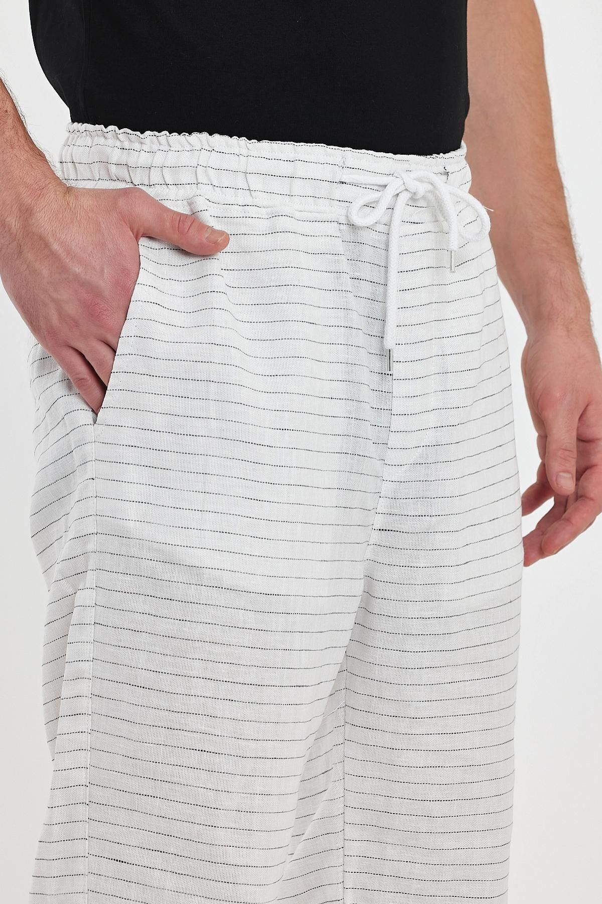 Erkek Yazlık Beli Lastikli Çizgili Pamuklu Beyaz Baggy Pantolon 3
