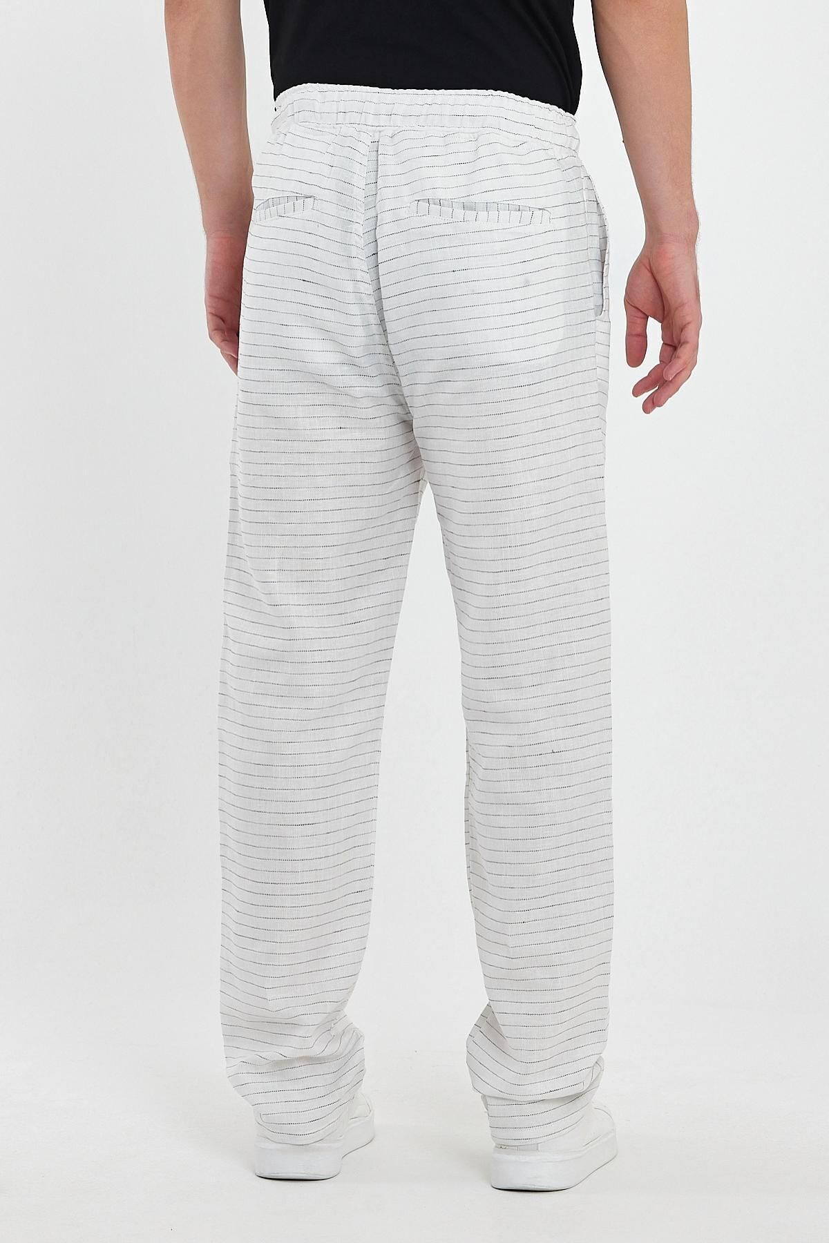Erkek Yazlık Beli Lastikli Çizgili Pamuklu Beyaz Baggy Pantolon 5